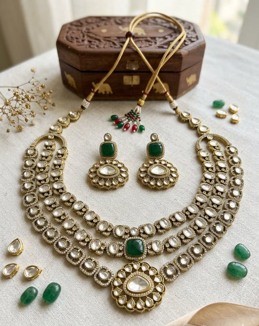 Signature Regal Green Emerald Triple Layered Necklace Set