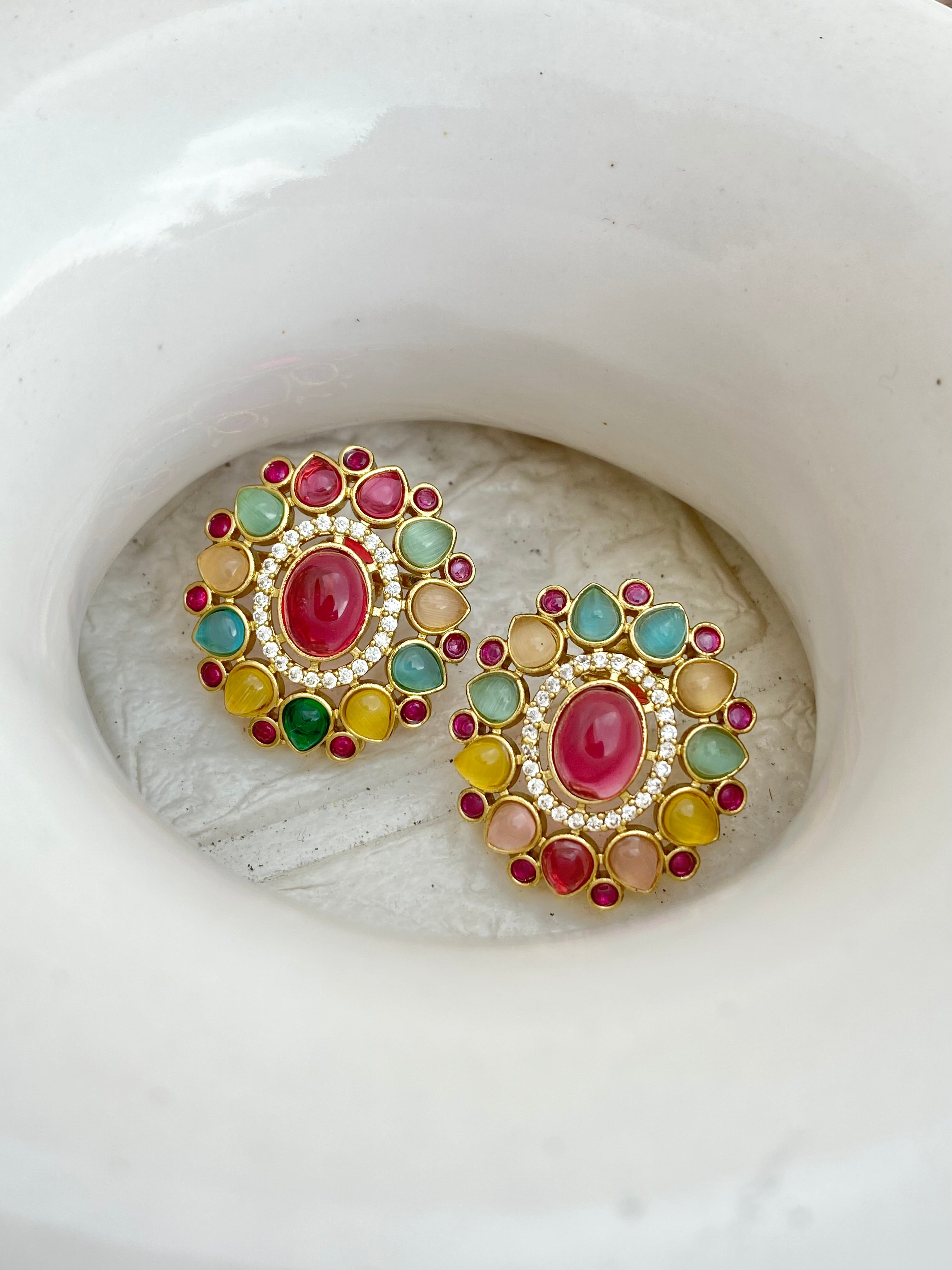 Signature Navratana Polki Stud Earrings