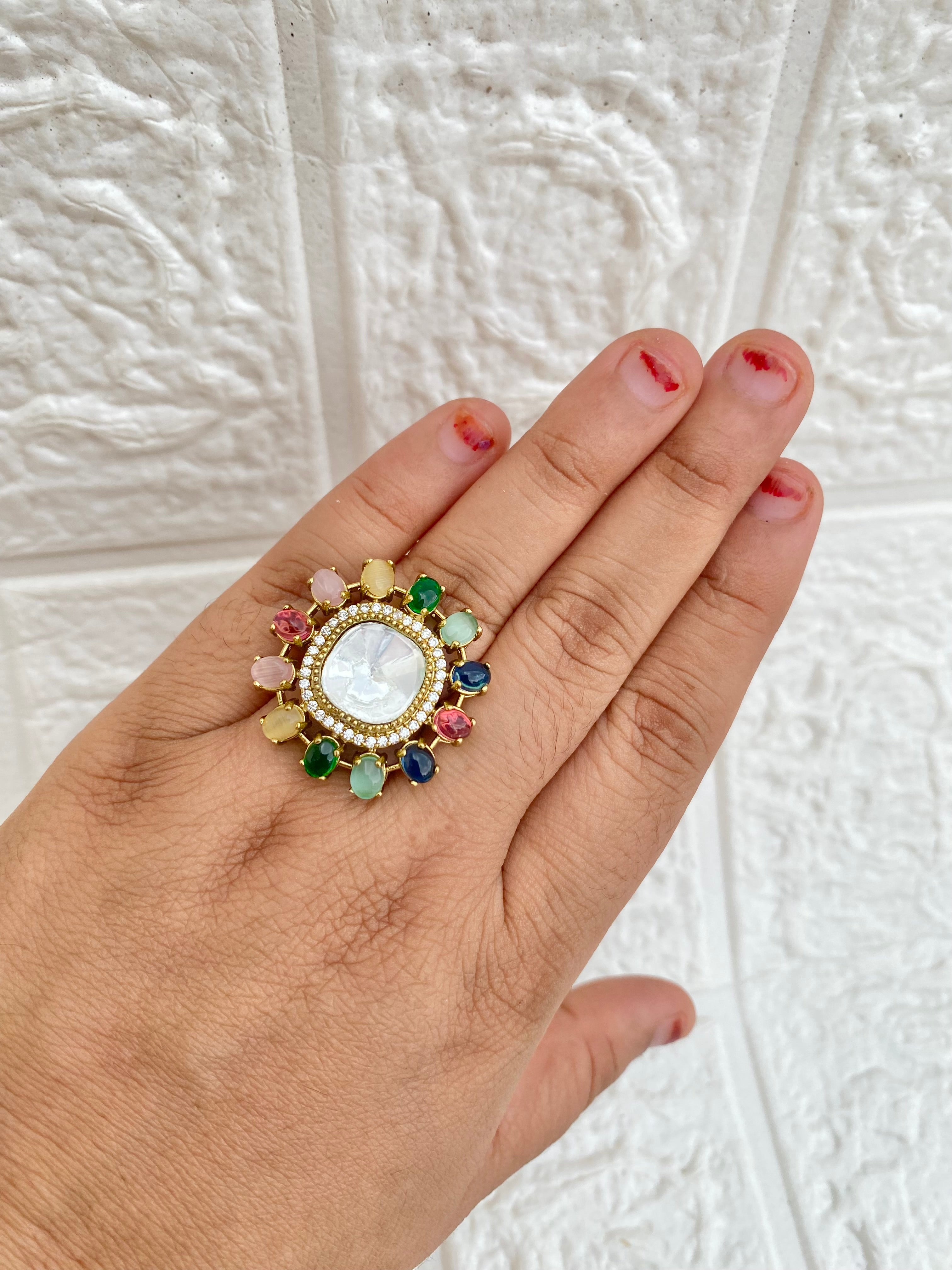 Navratana Moissanite Polki Signature Cocktail Ring