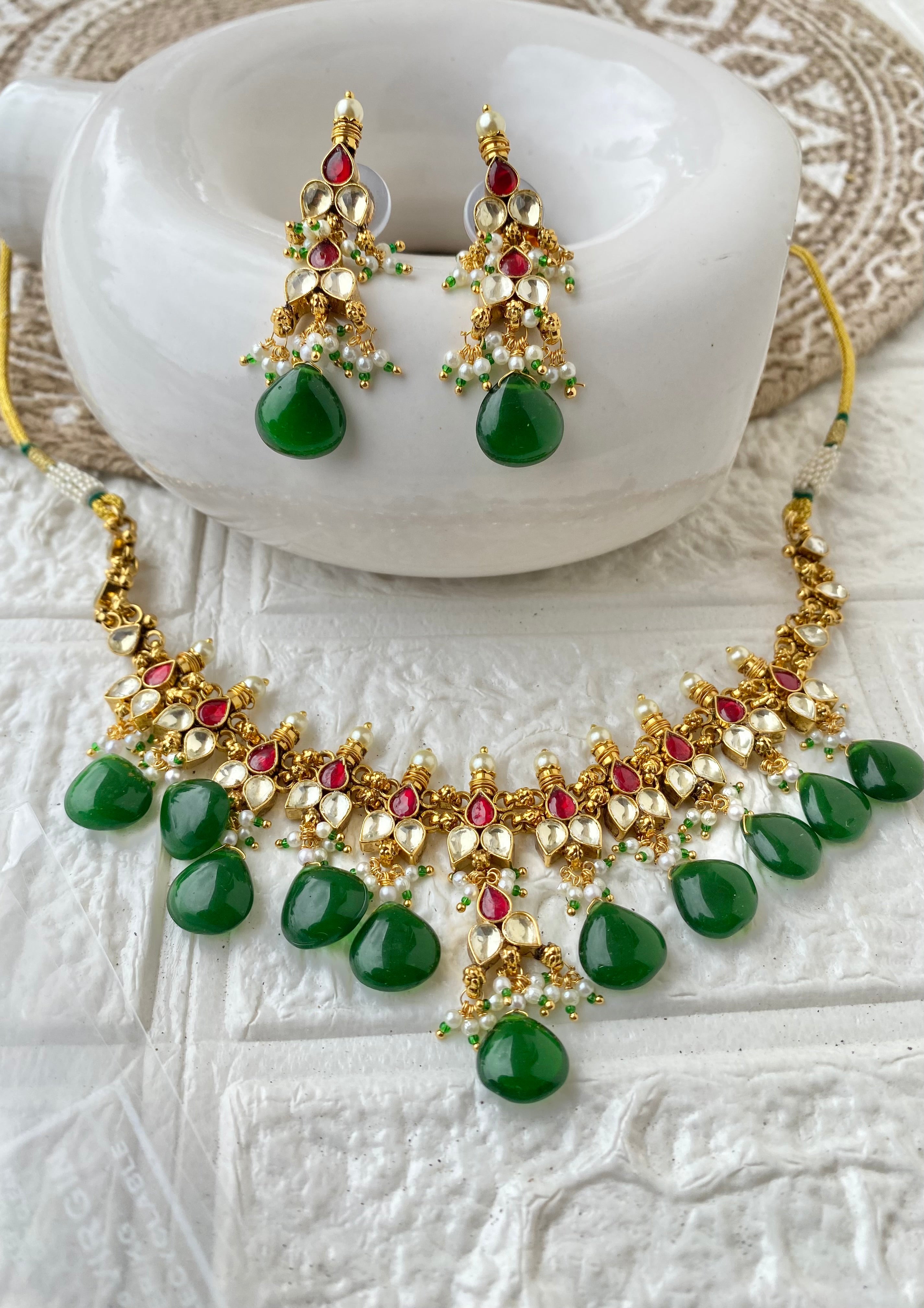 Royal Paachi Kundan Polki Emerald Green Necklace Set