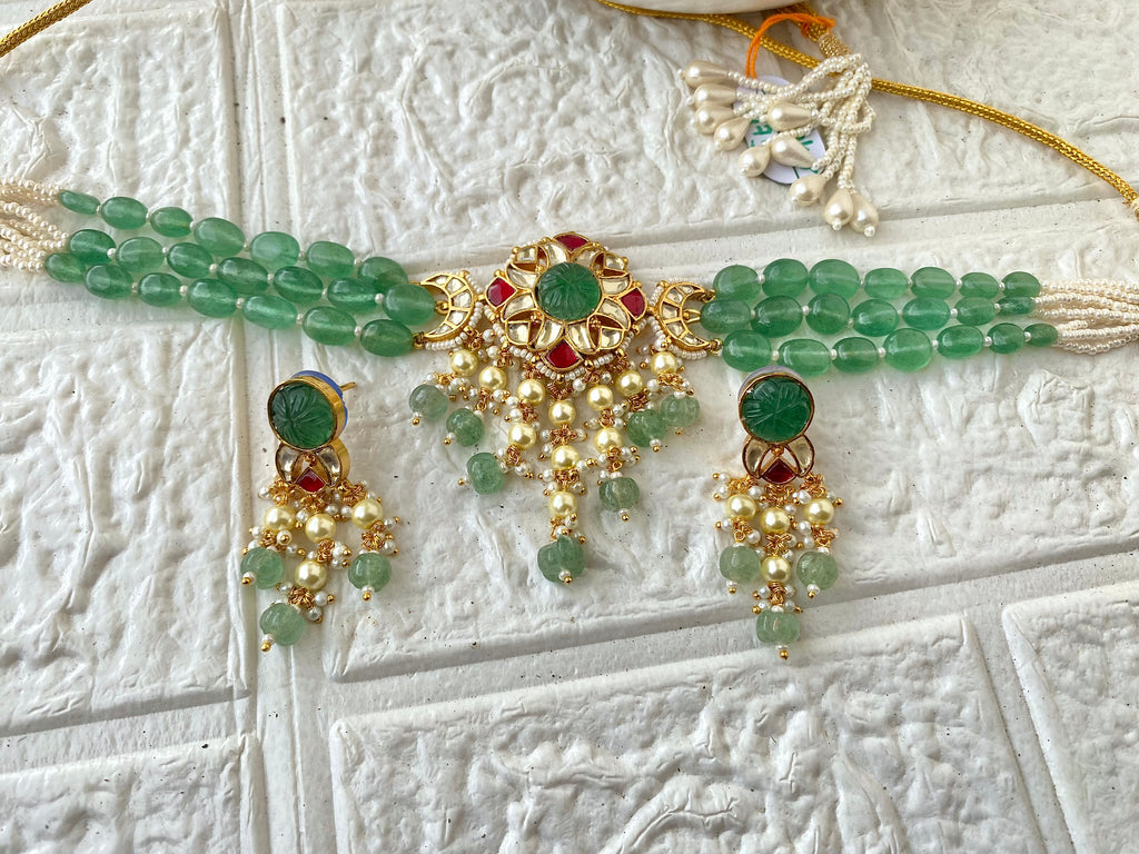 Paachi Kundan Polki Studded Natural Stone Work Statement Necklace Set