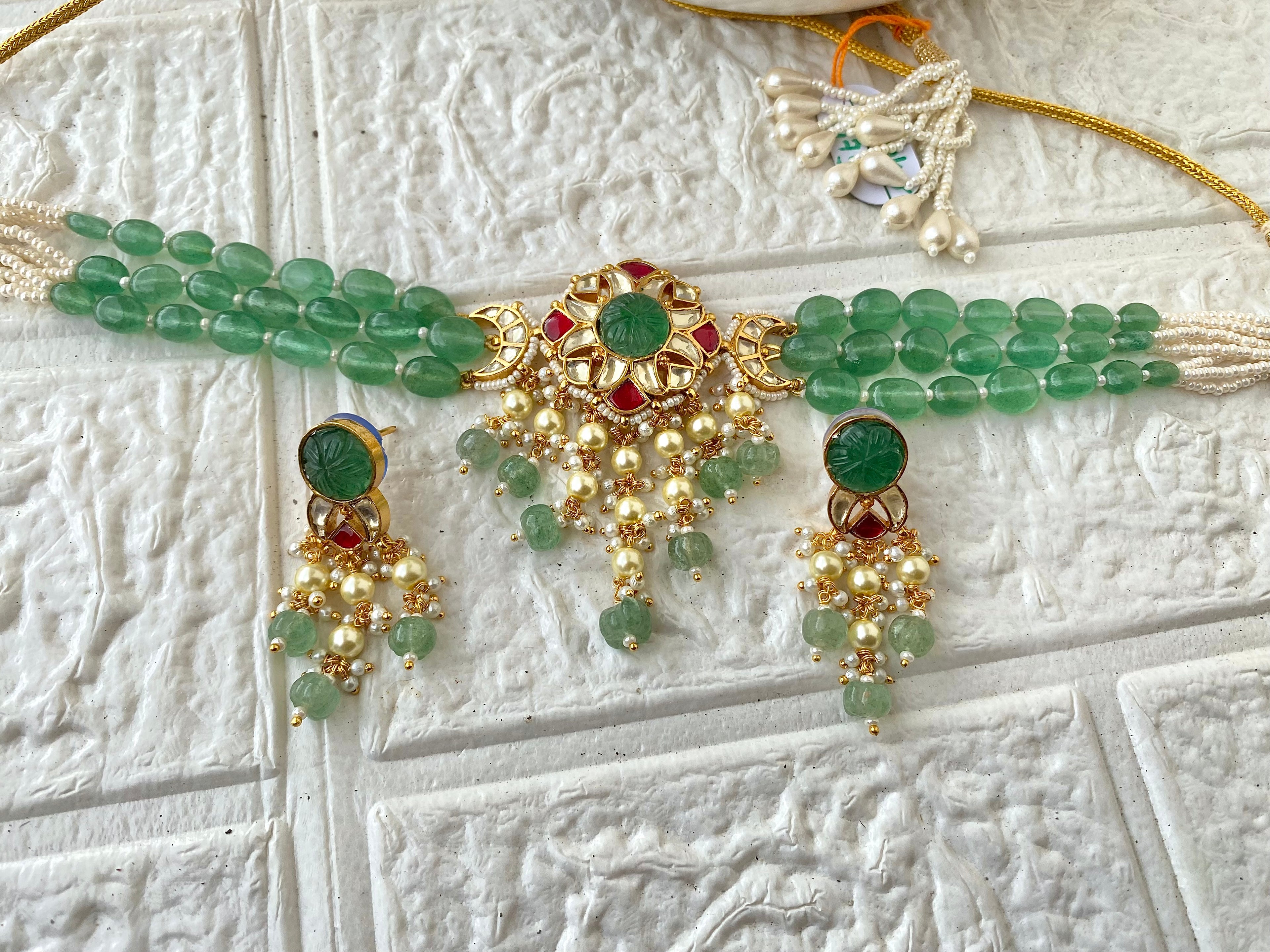 Paachi Kundan Polki Studded Natural Stone Work Statement Necklace Set