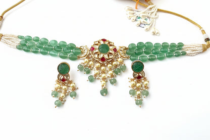 Paachi Kundan Polki Studded Natural Stone Work Statement Necklace Set