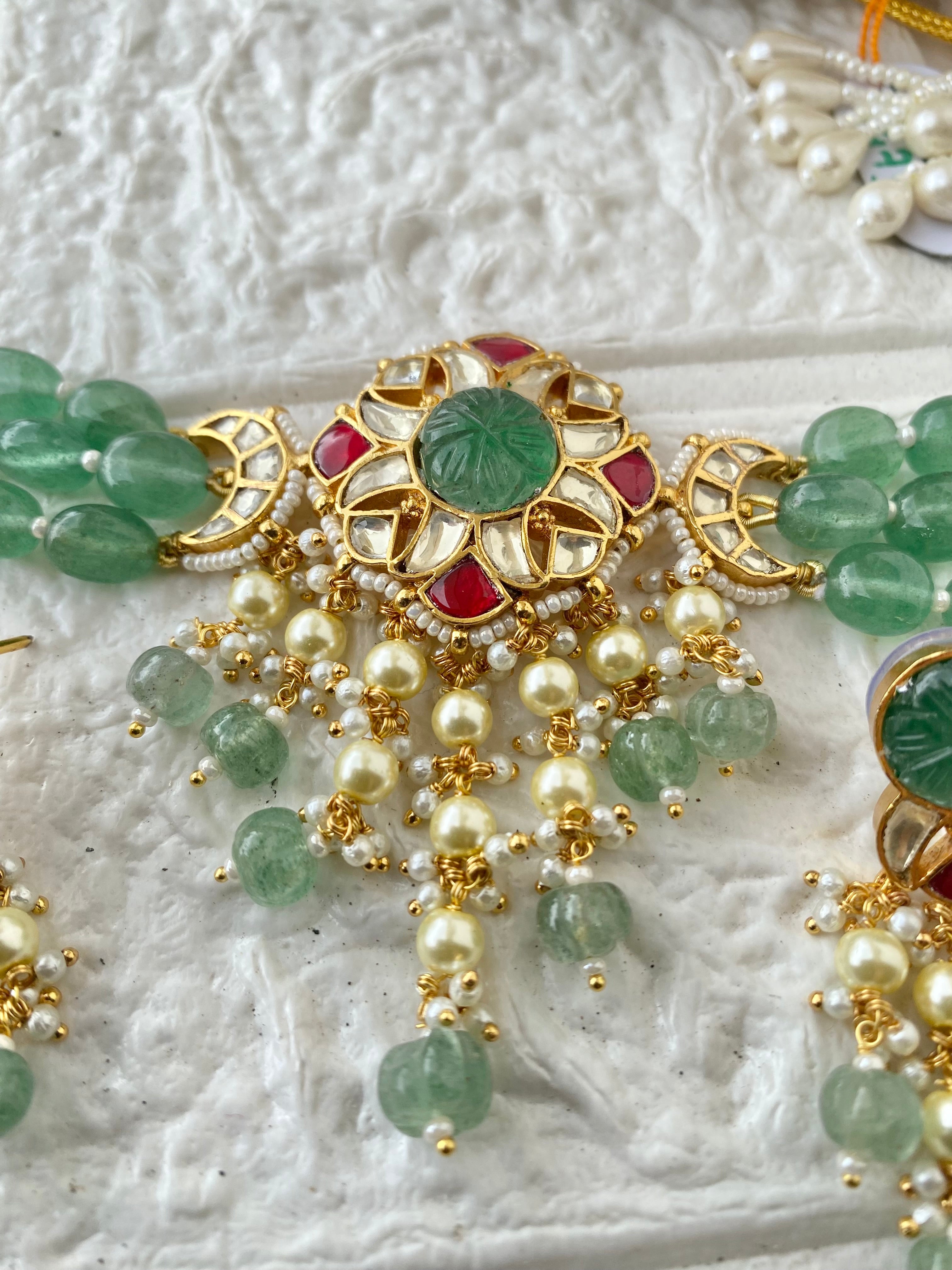 Paachi Kundan Polki Studded Natural Stone Work Statement Necklace Set