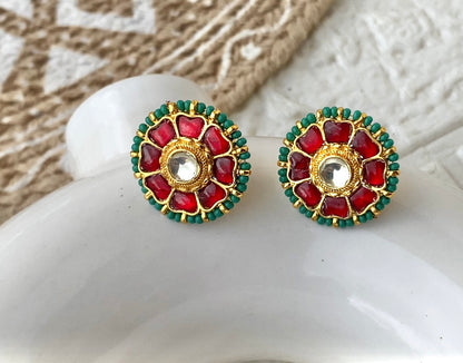 Ruby Green Paachi Kundan Polki Pearl Beads Signature Studs