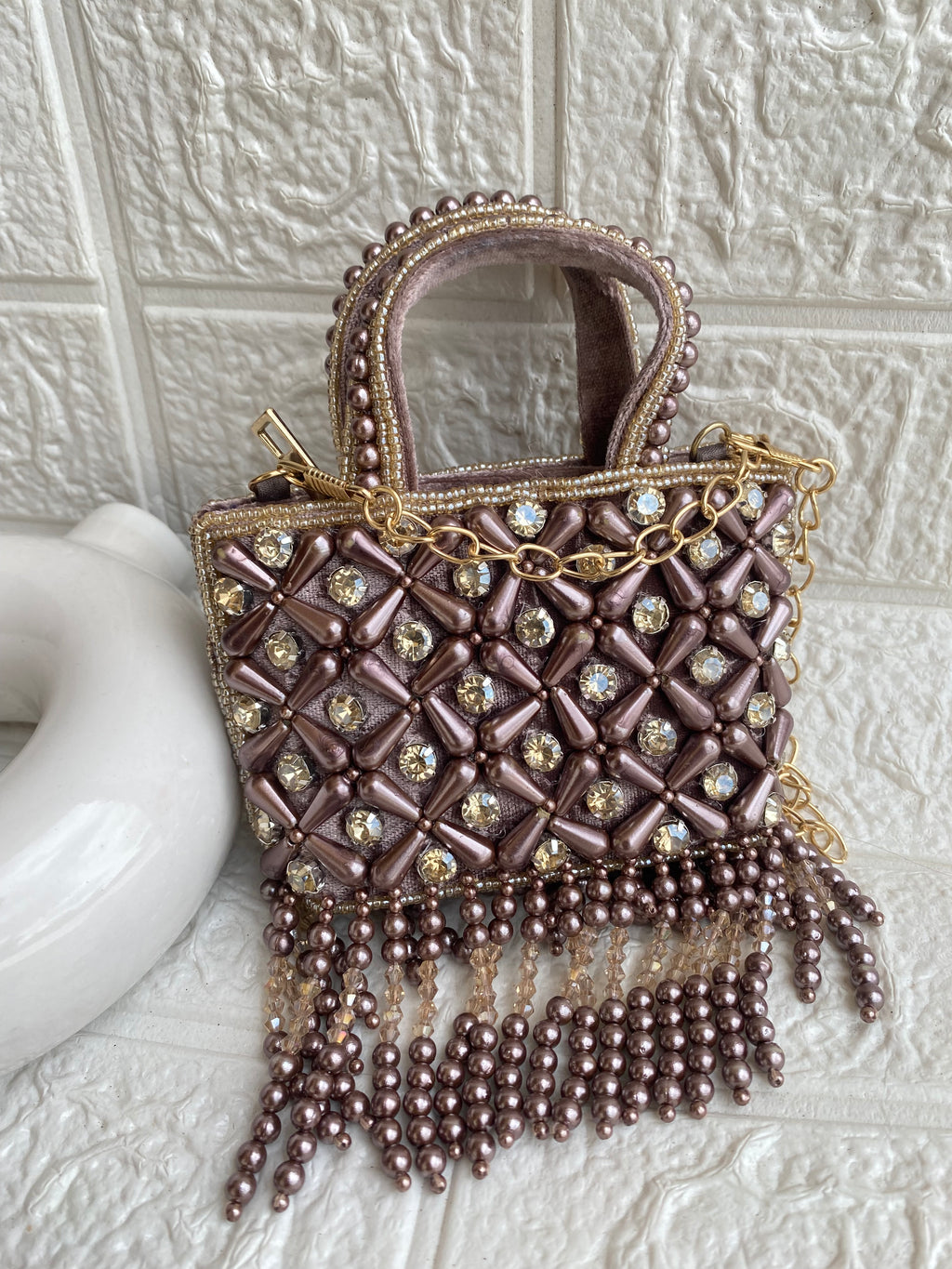 Tiny Pearl Beads HandBag with Sling Chain