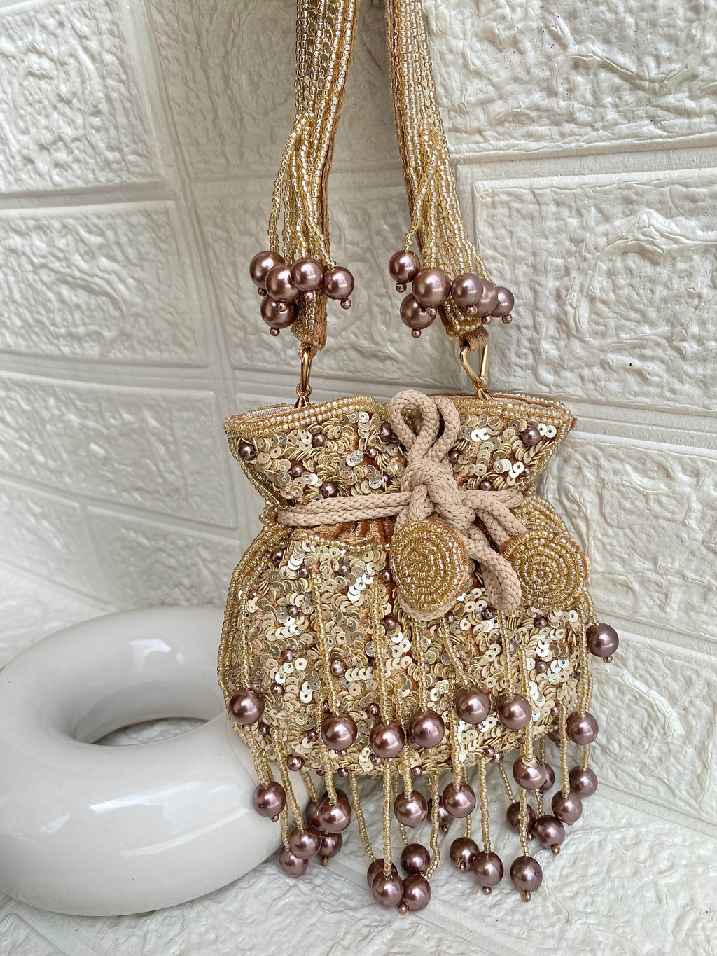 Metallic lavender colored Tiny Pearl Beads Golden Creamy Potli Bag - Small