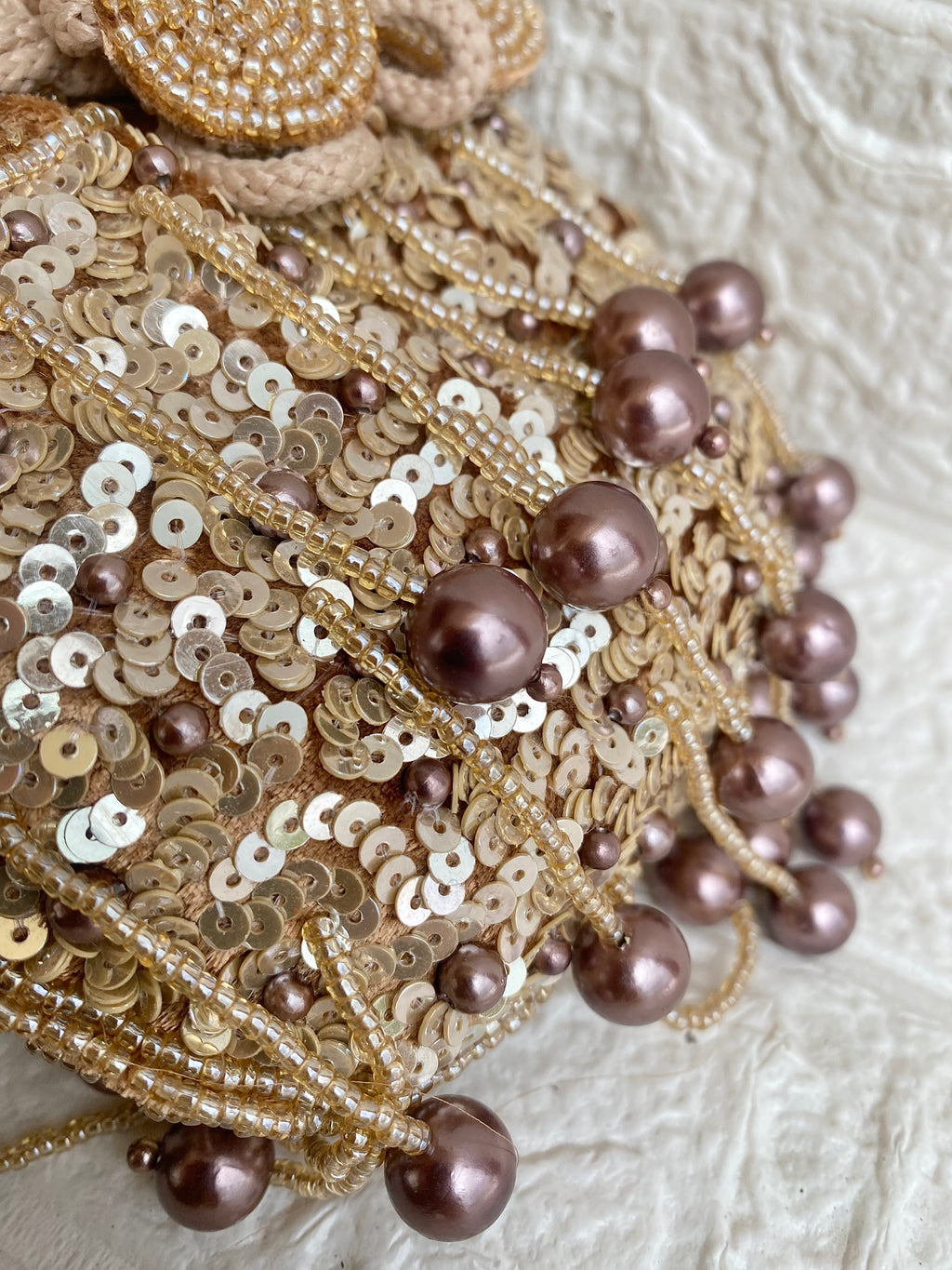 Metallic lavender colored Tiny Pearl Beads Golden Creamy Potli Bag - Small