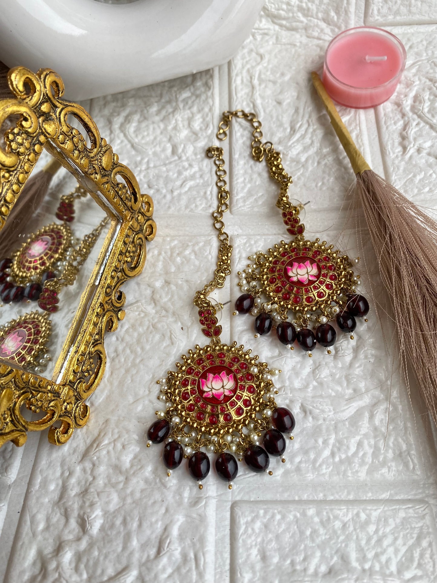 Lotus Enamel Meenakari Maroon Kundan Earchain Sahara Earrings