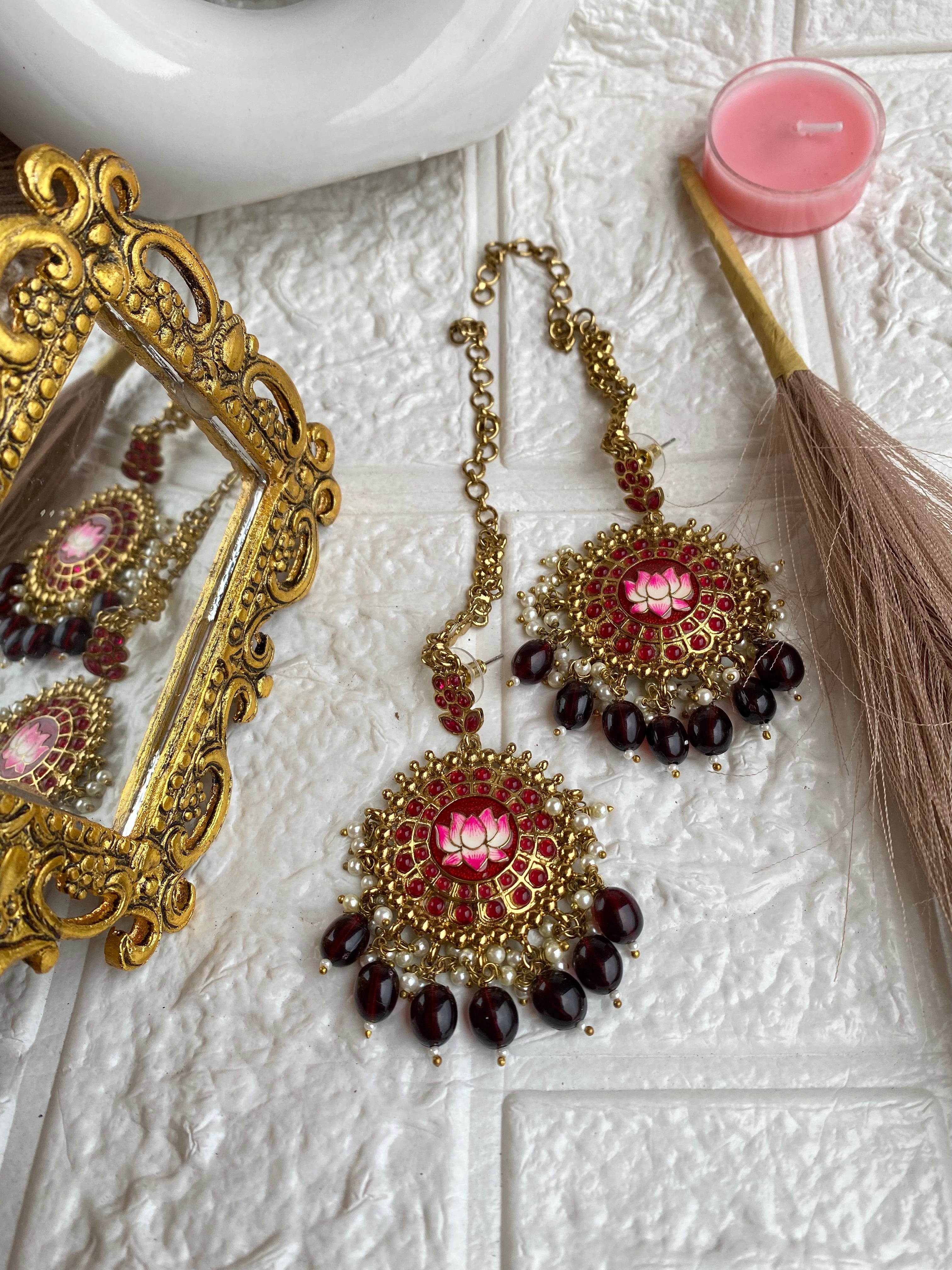 Lotus Enamel Meenakari Maroon Kundan Earchain Sahara Earrings