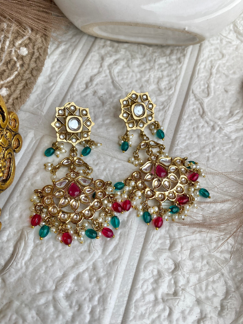 Multi Beads Kundan Polki Statement Chandbali