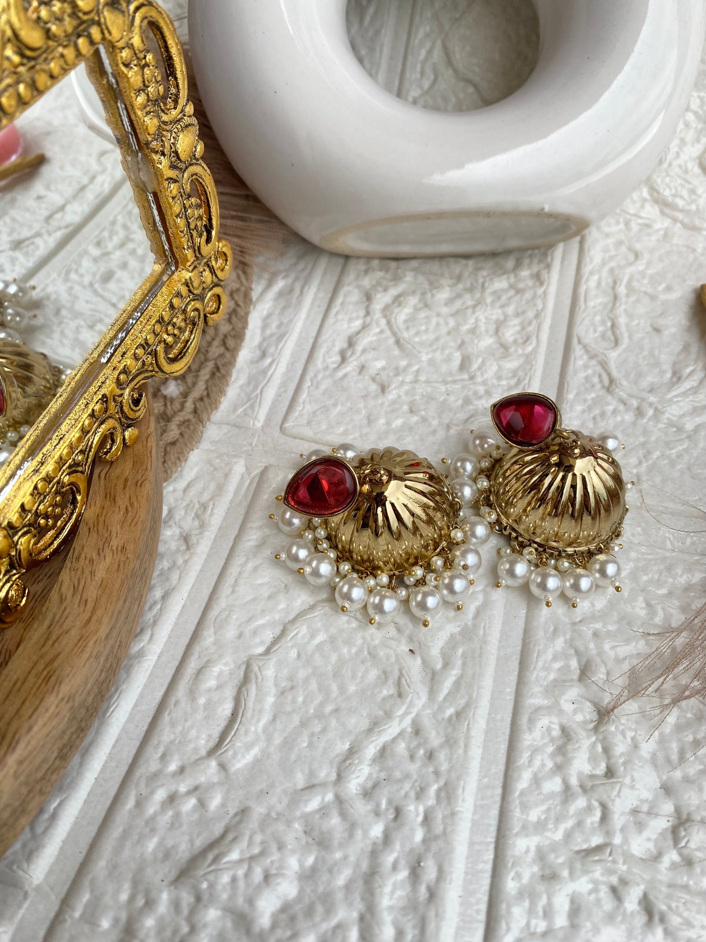 Ruby Stoned Golden Pearl Jhumka