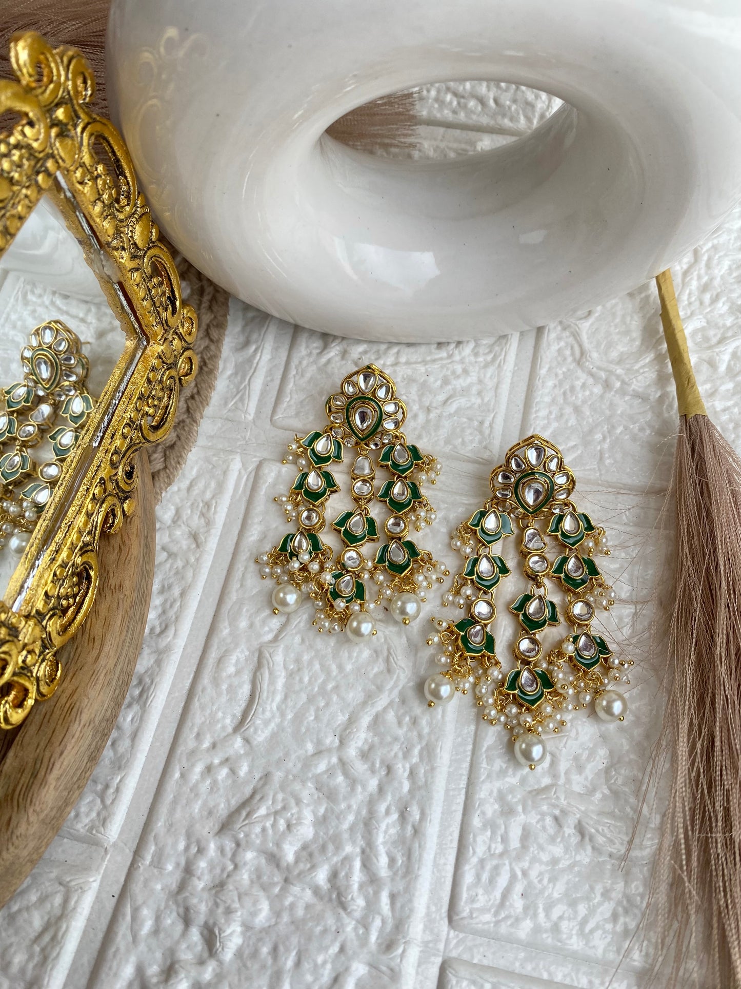 Kundan Polki Green Enamel triple Layered Dangler Earrings