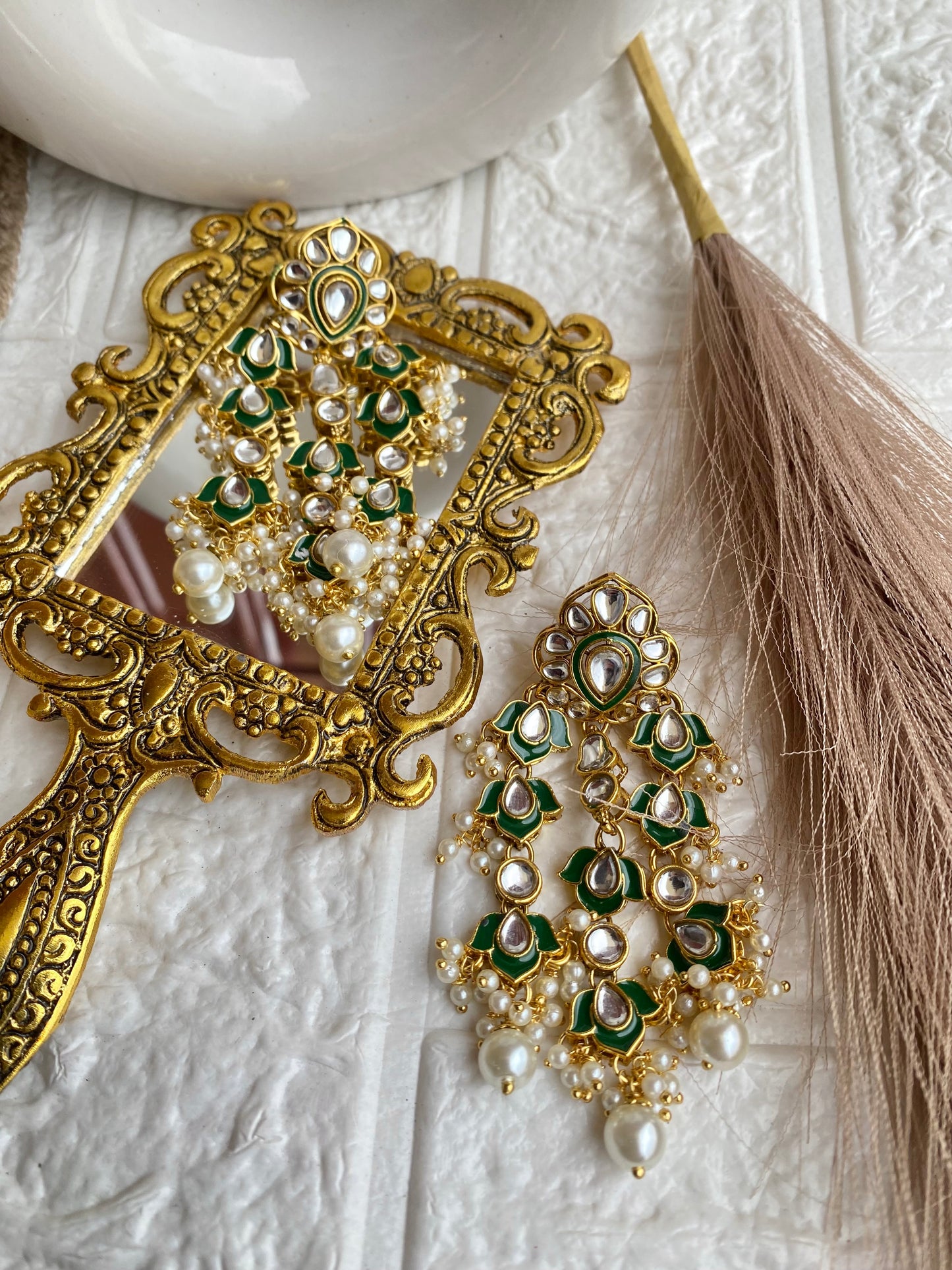 Kundan Polki Green Enamel triple Layered Dangler Earrings