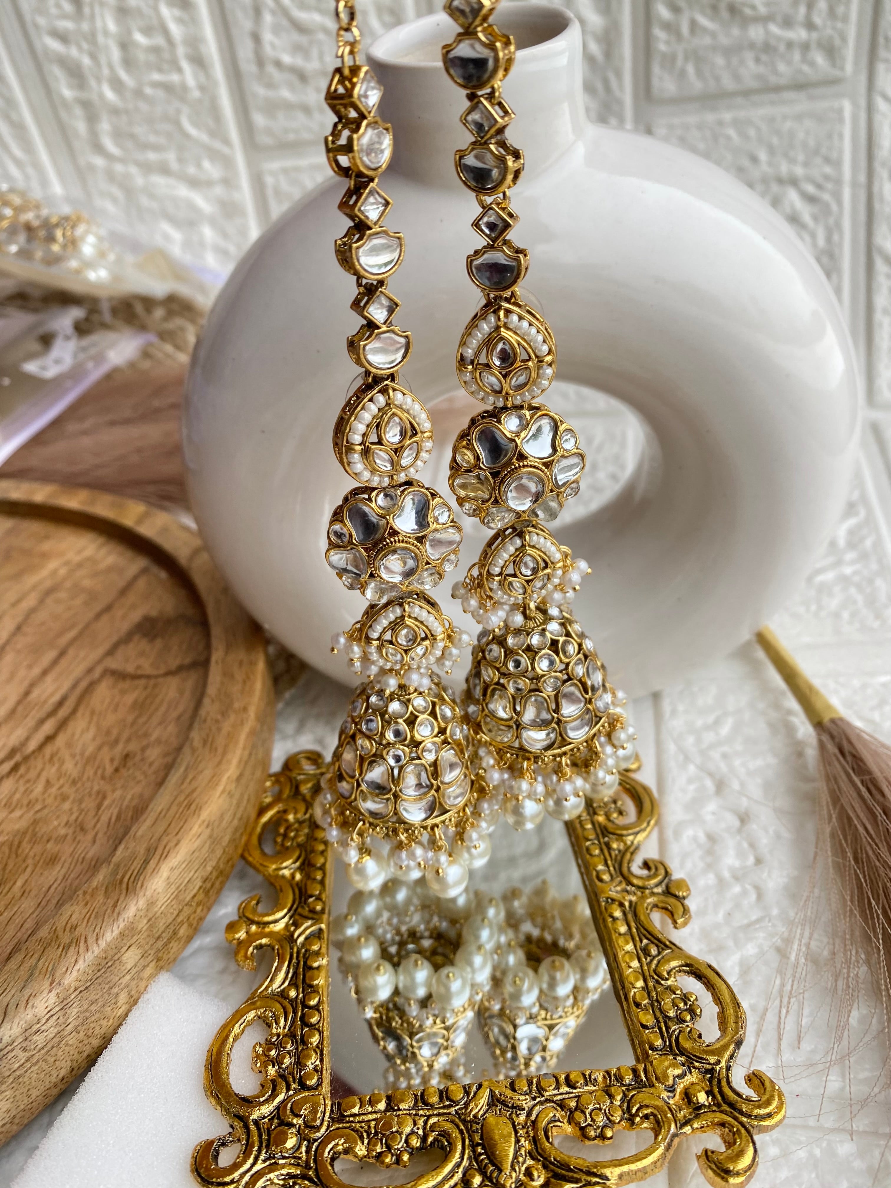Kundan Pearl Beads Long Jhumka with Kundan Earchain Sahara
