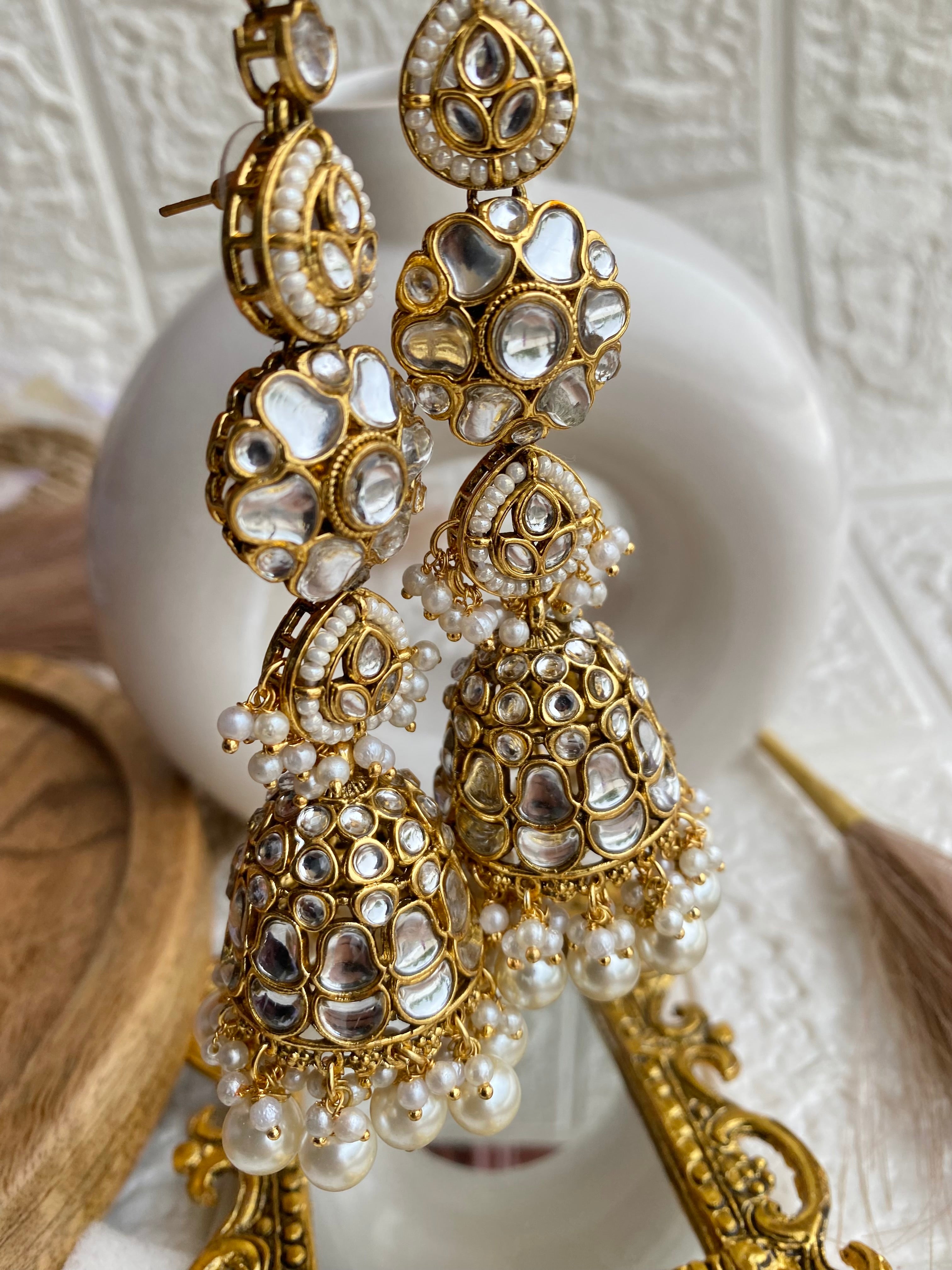 Kundan Pearl Beads Long Jhumka with Kundan Earchain Sahara
