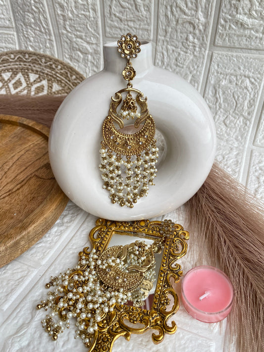 "Meher "Celebrity Styled Kundan Pearl Drop Long Earrings