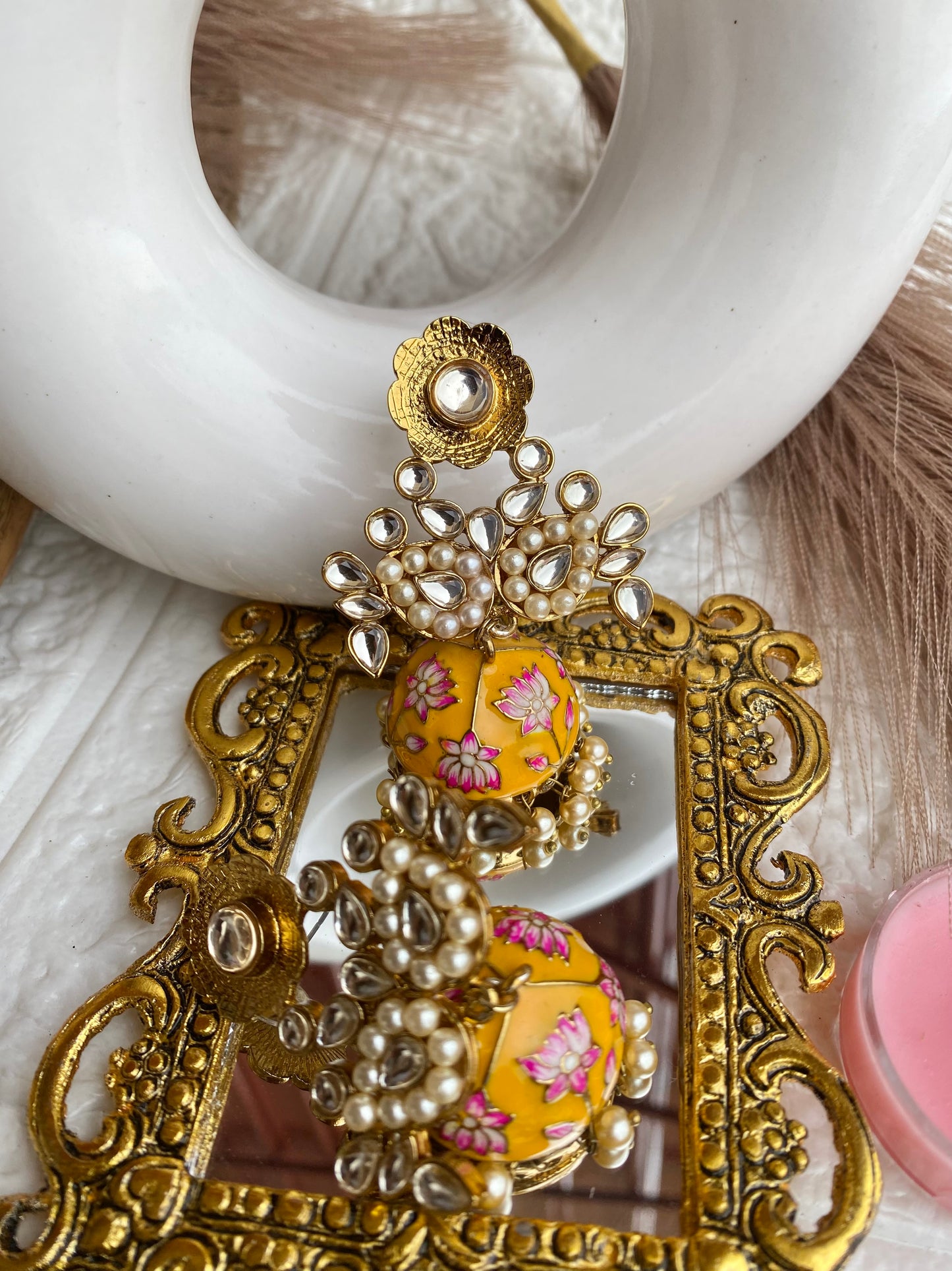 Mustard Meenakari Kundan Jhumka