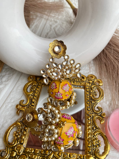 Mustard Meenakari Kundan Jhumka
