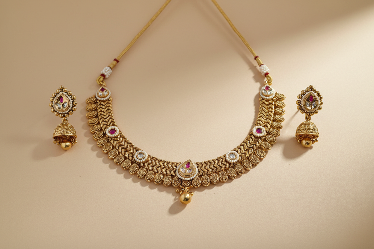 Rajwadi Kundan Gold Plated Pure Brass Necklace set