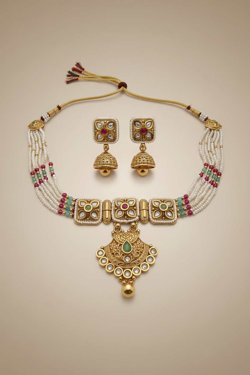 Gold jewelry set with necklace and earrings on a textured white surface