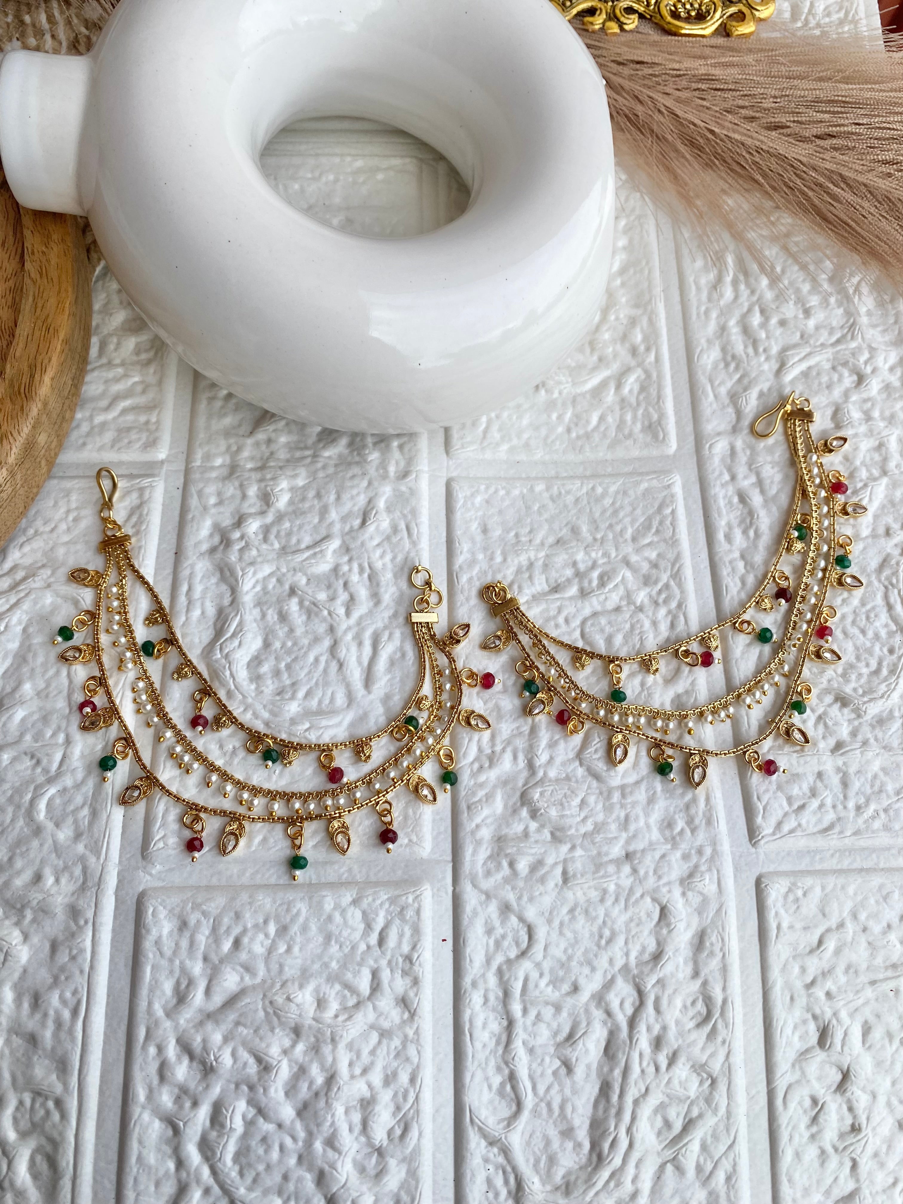 Navratna Kundan Stone Triple Layered Earchain Sahara