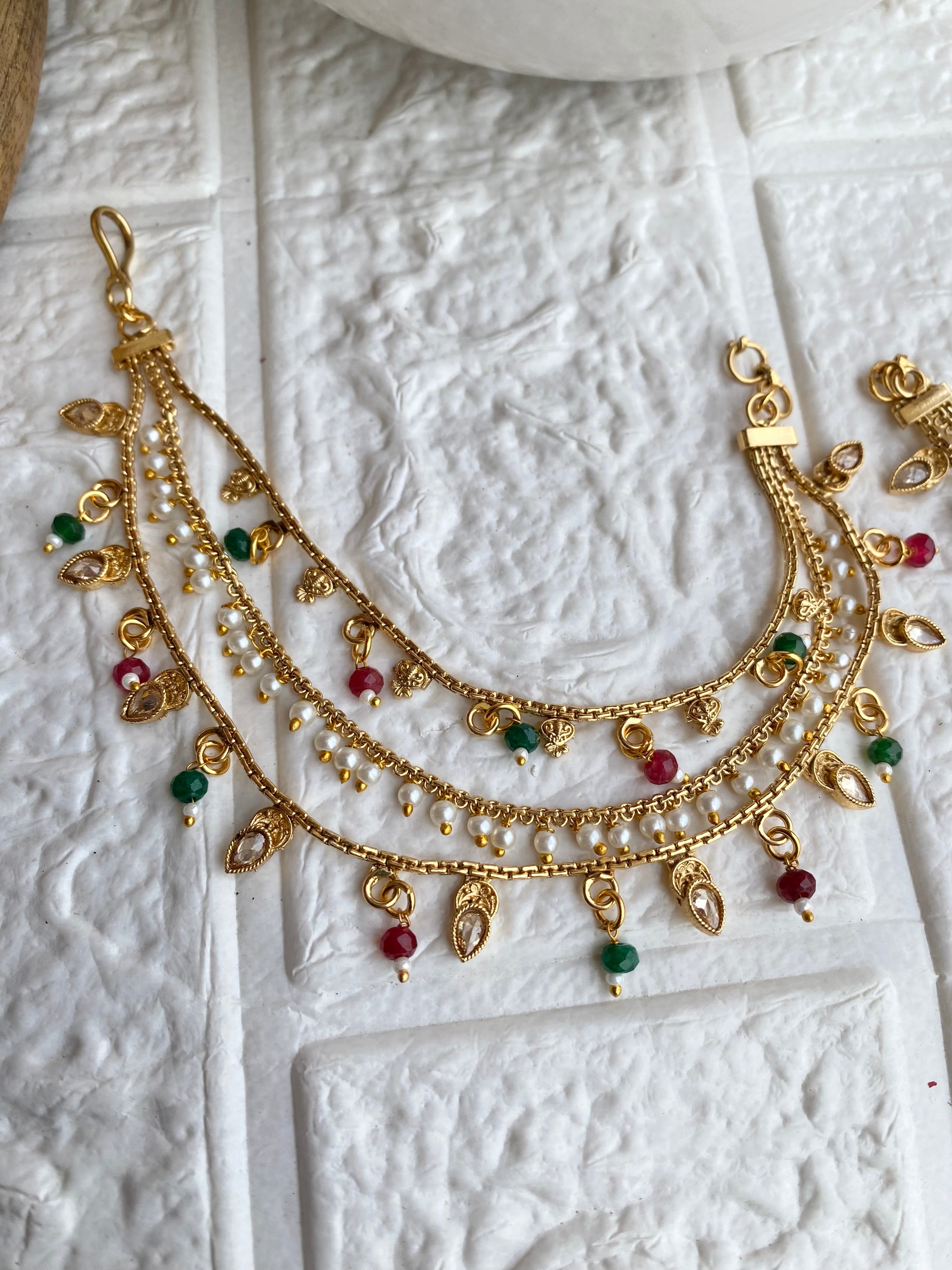 Navratna Kundan Stone Triple Layered Earchain Sahara