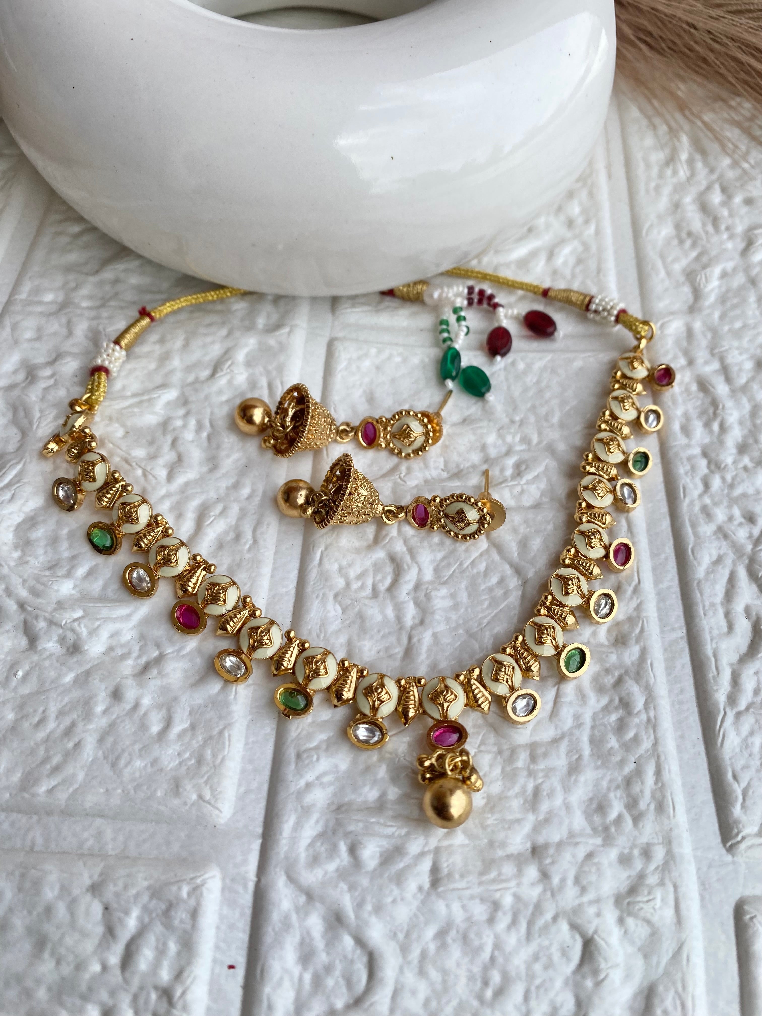 Navratna Stone Gold Plated Pure Brass Necklace set