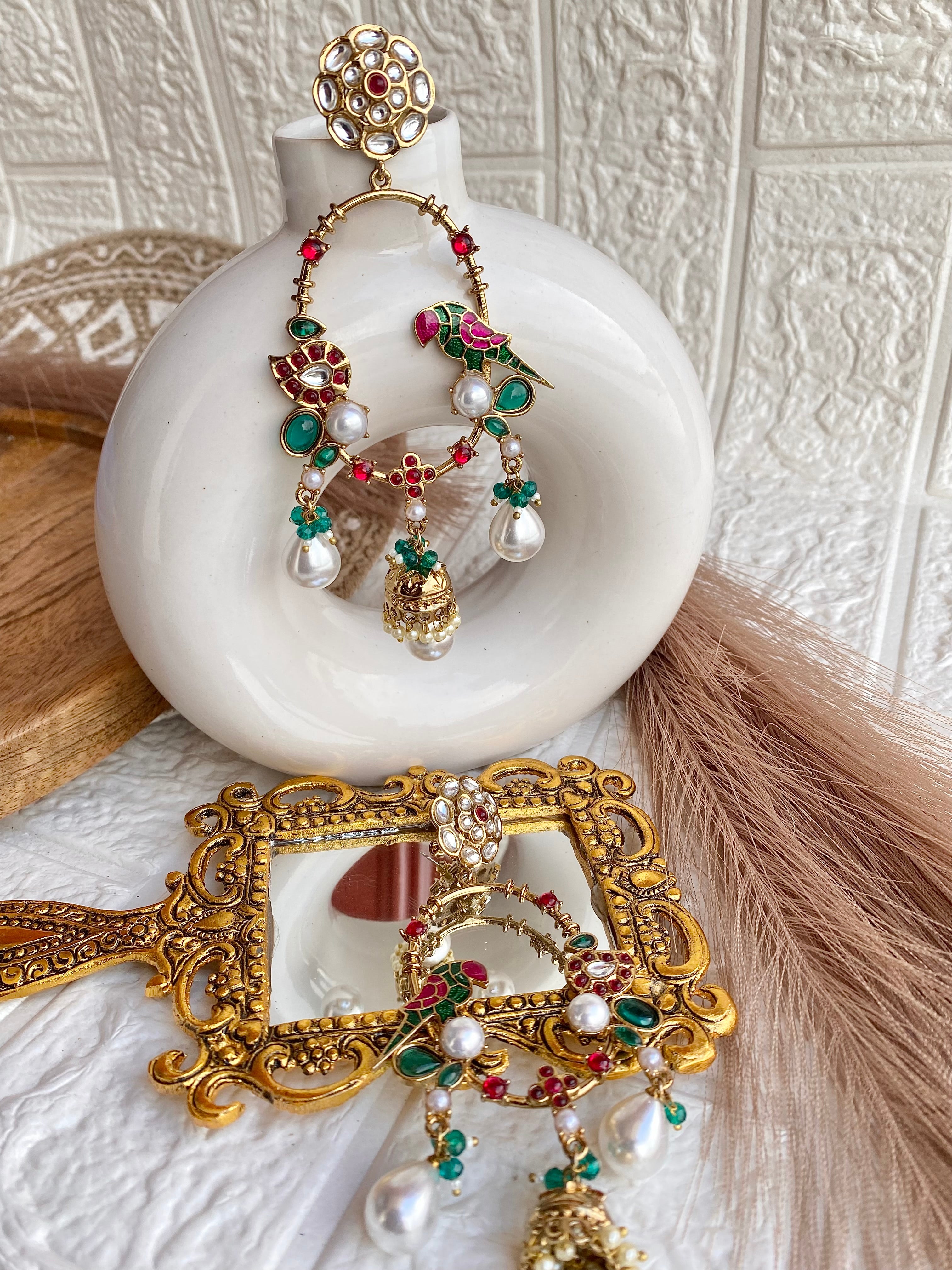 Statement Parrot Kundan Polki Pearl Earrings