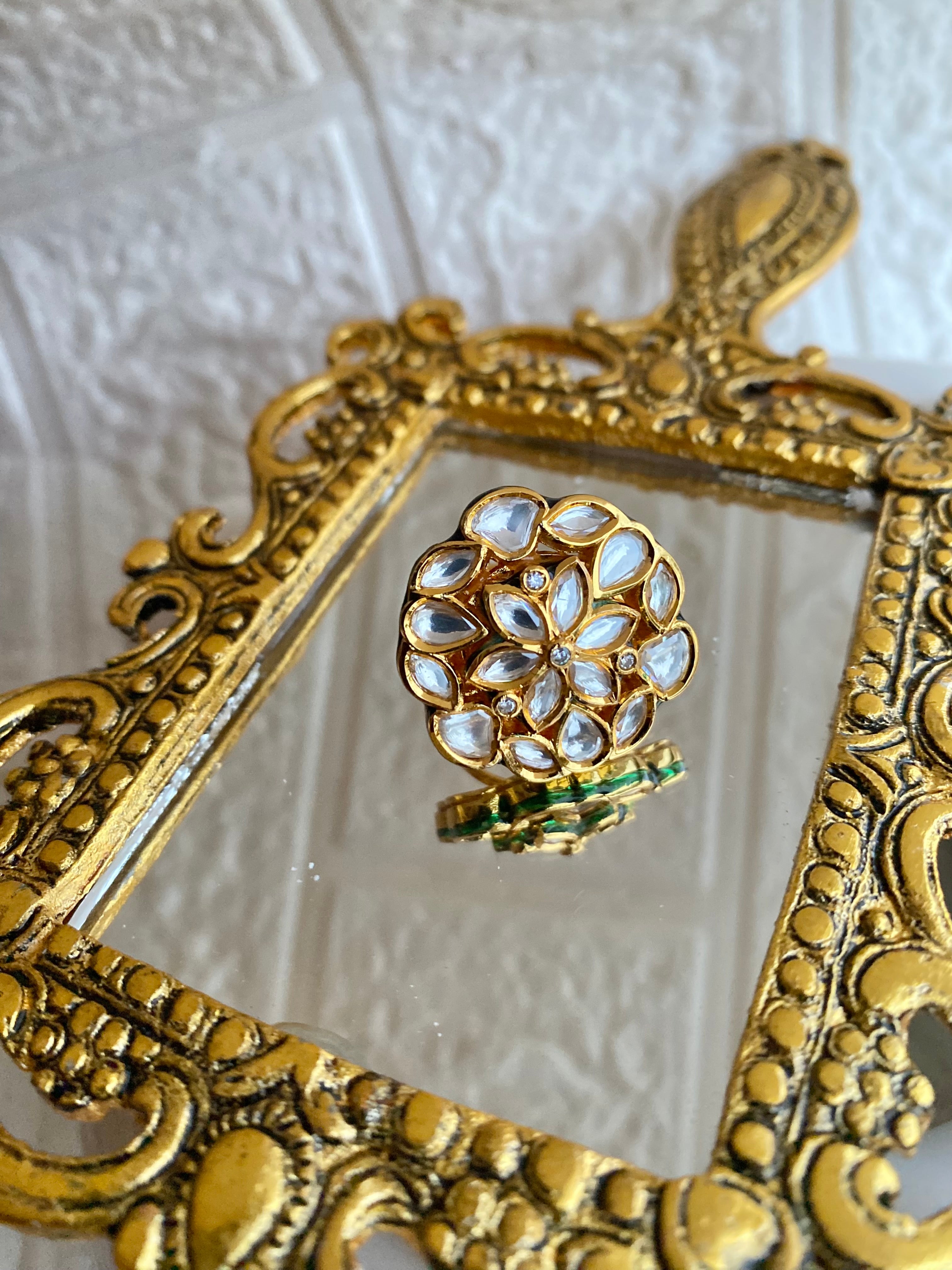 Kundan Polki Floral Gold Plated Ring