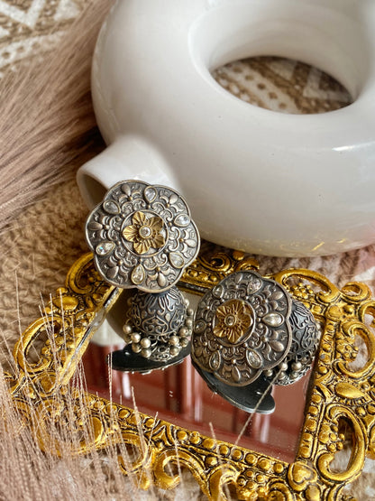 Dual Tone Kundan Silver Jhumka