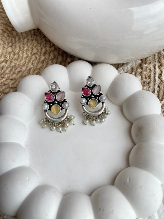 Navratna Zirconia Silver Stud Earrings