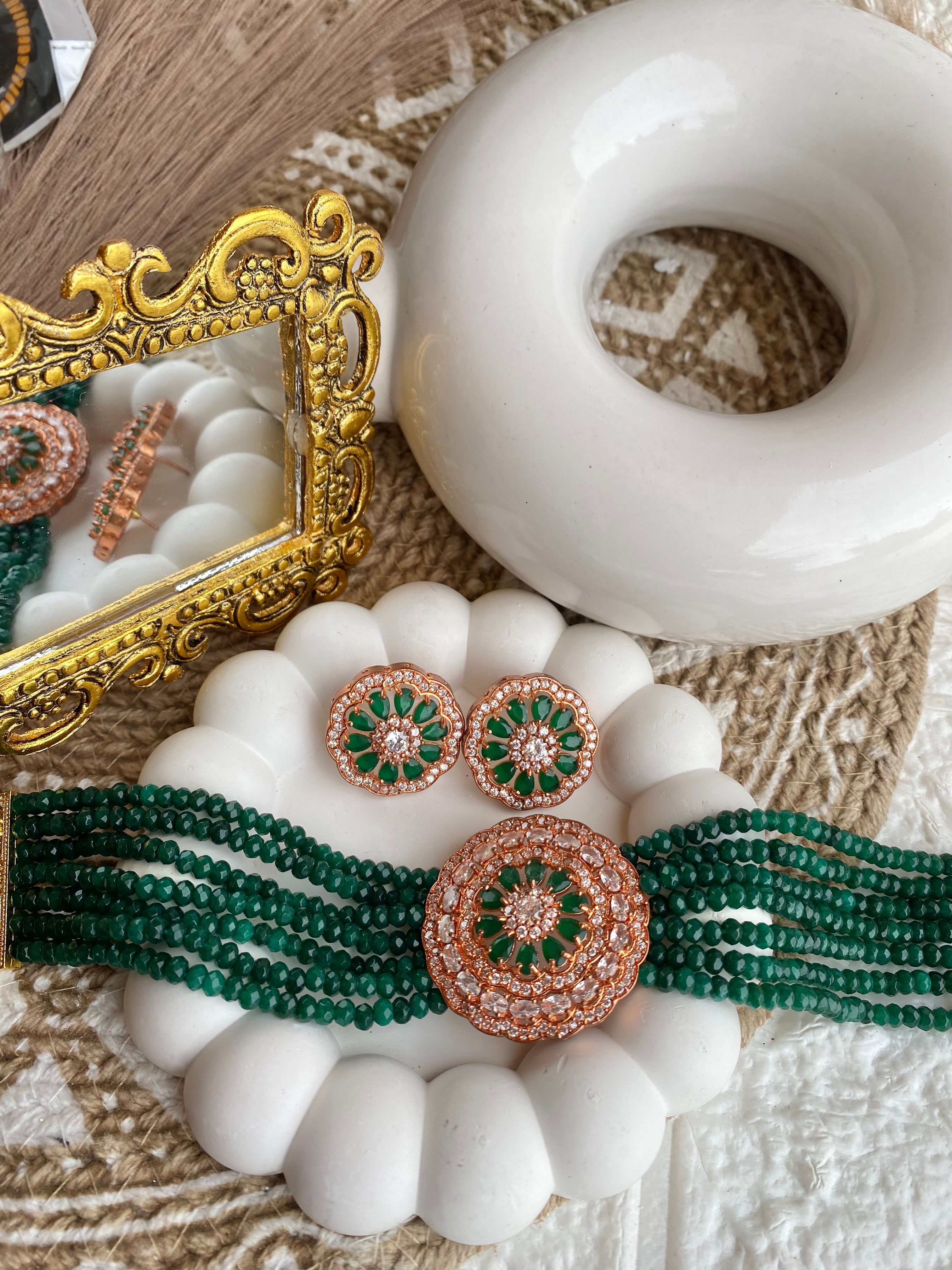 Green Beads AD Stone Necklace Set