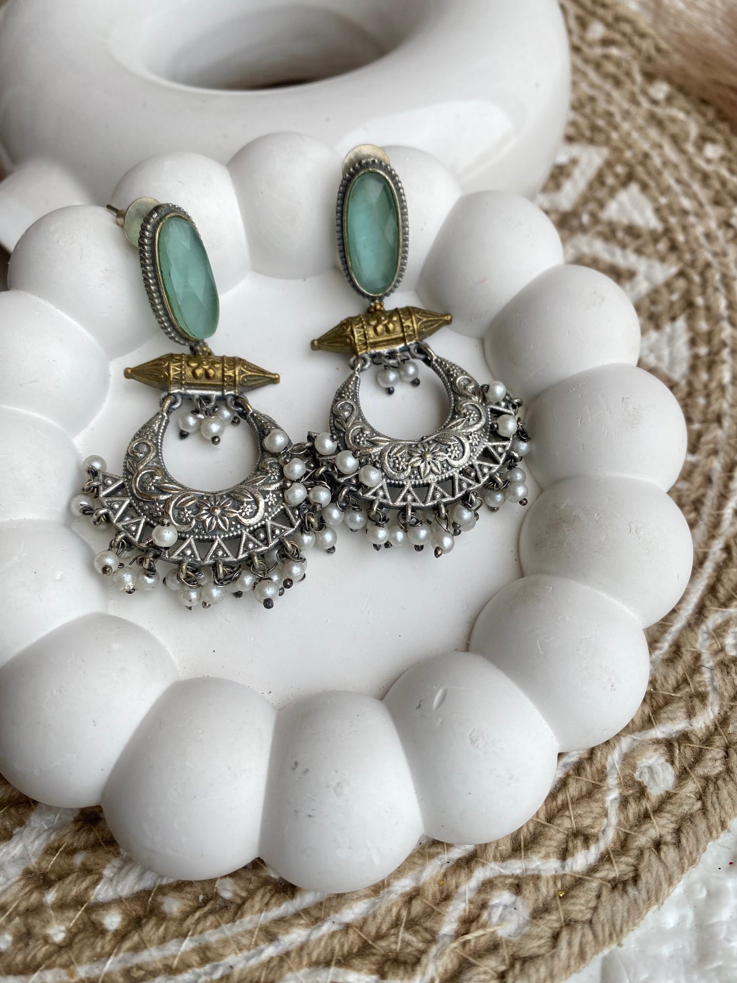 Mint Stone Silver Dual Tone Chandbali