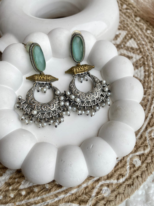 Mint Stone Silver Dual Tone Chandbali