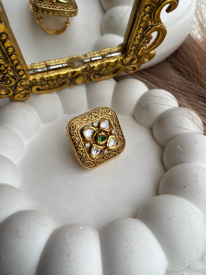 Polki Kundan Antique Crafted Adjustable Size Ring