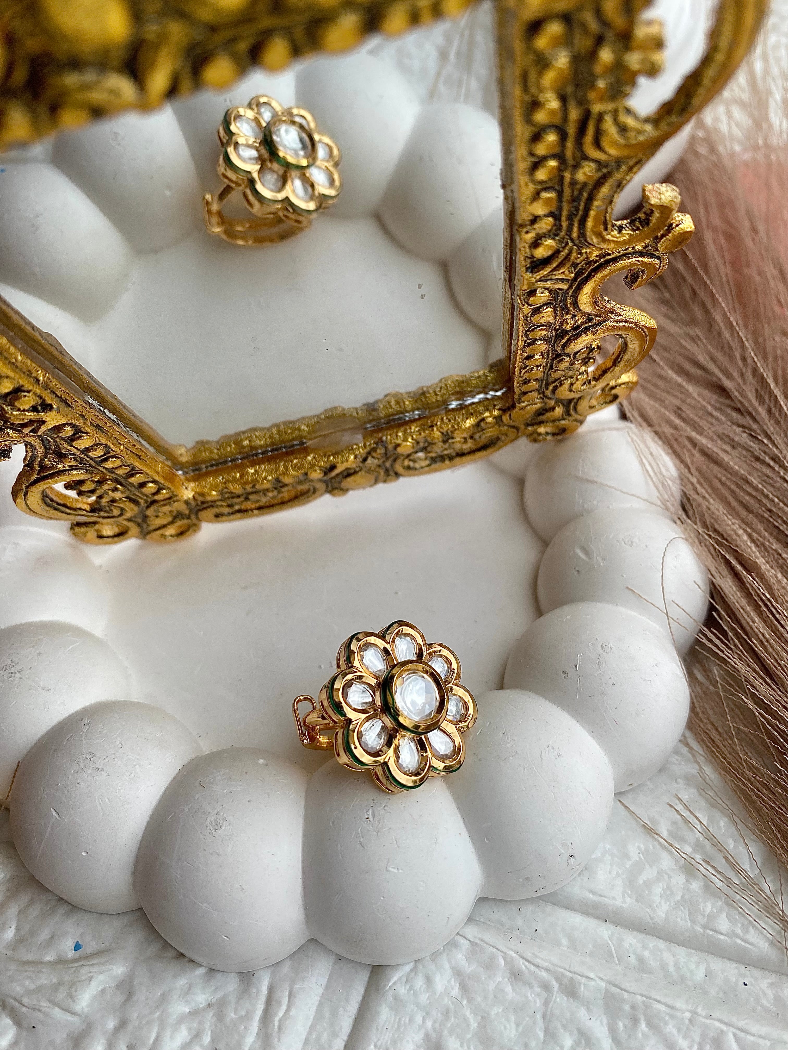 Floral Polki Kundan Adjustable Size Ring