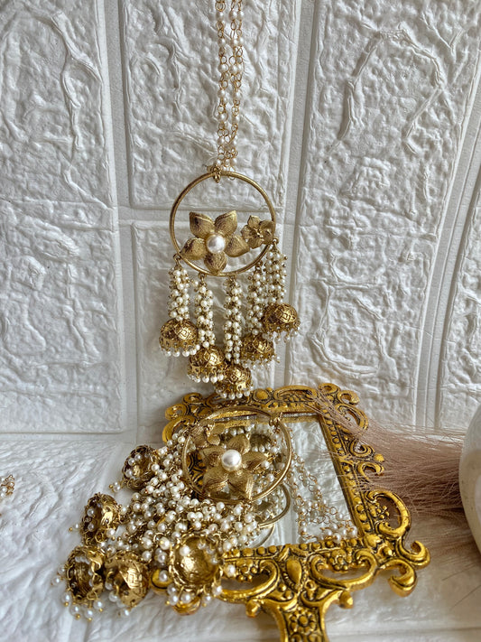 Celebrity Styled Floral Kundan Pearl Beads Earrings with Pearl Earchain Sahara