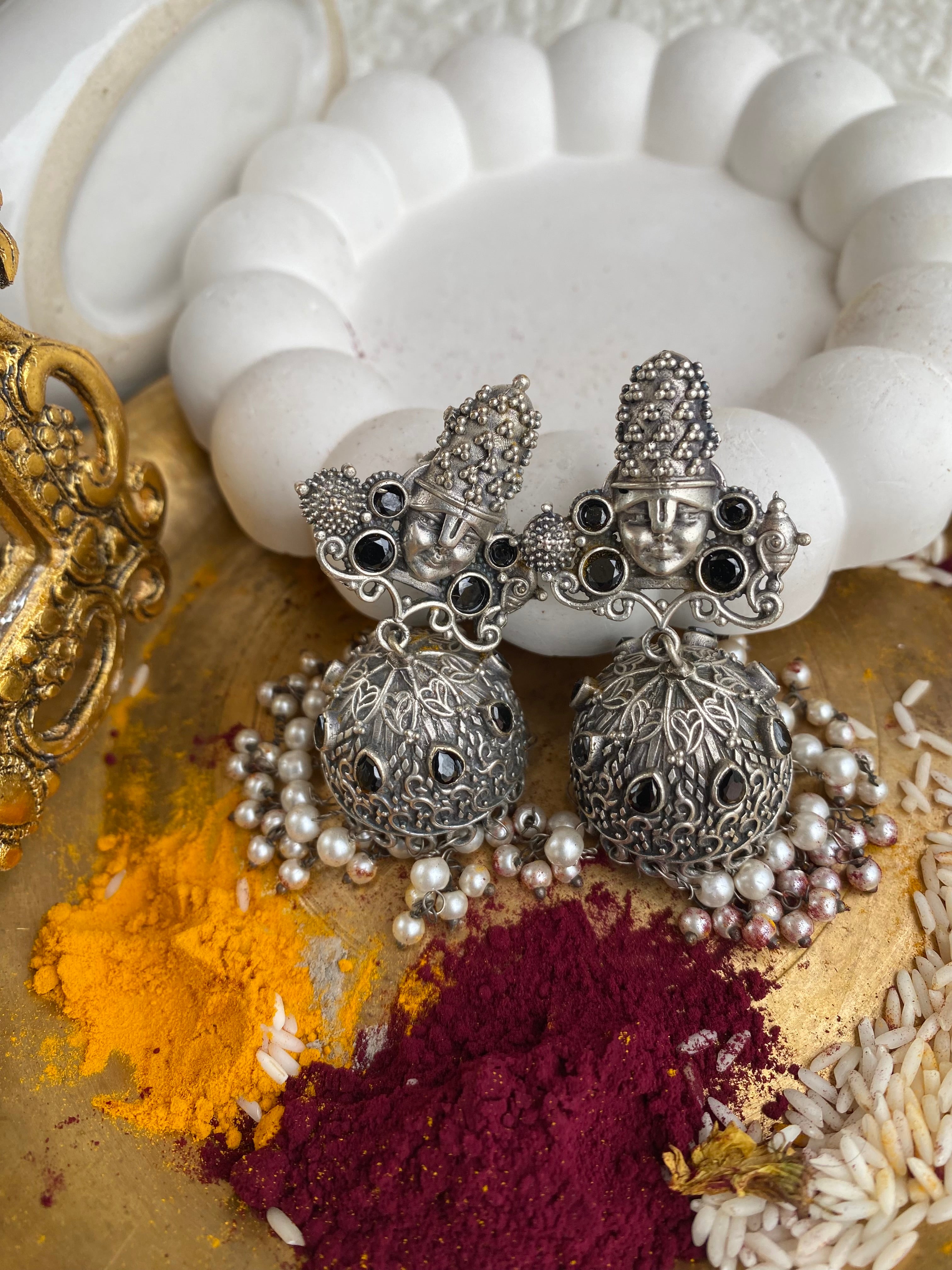 Triputi Balaji Blessings Silver Jhumka