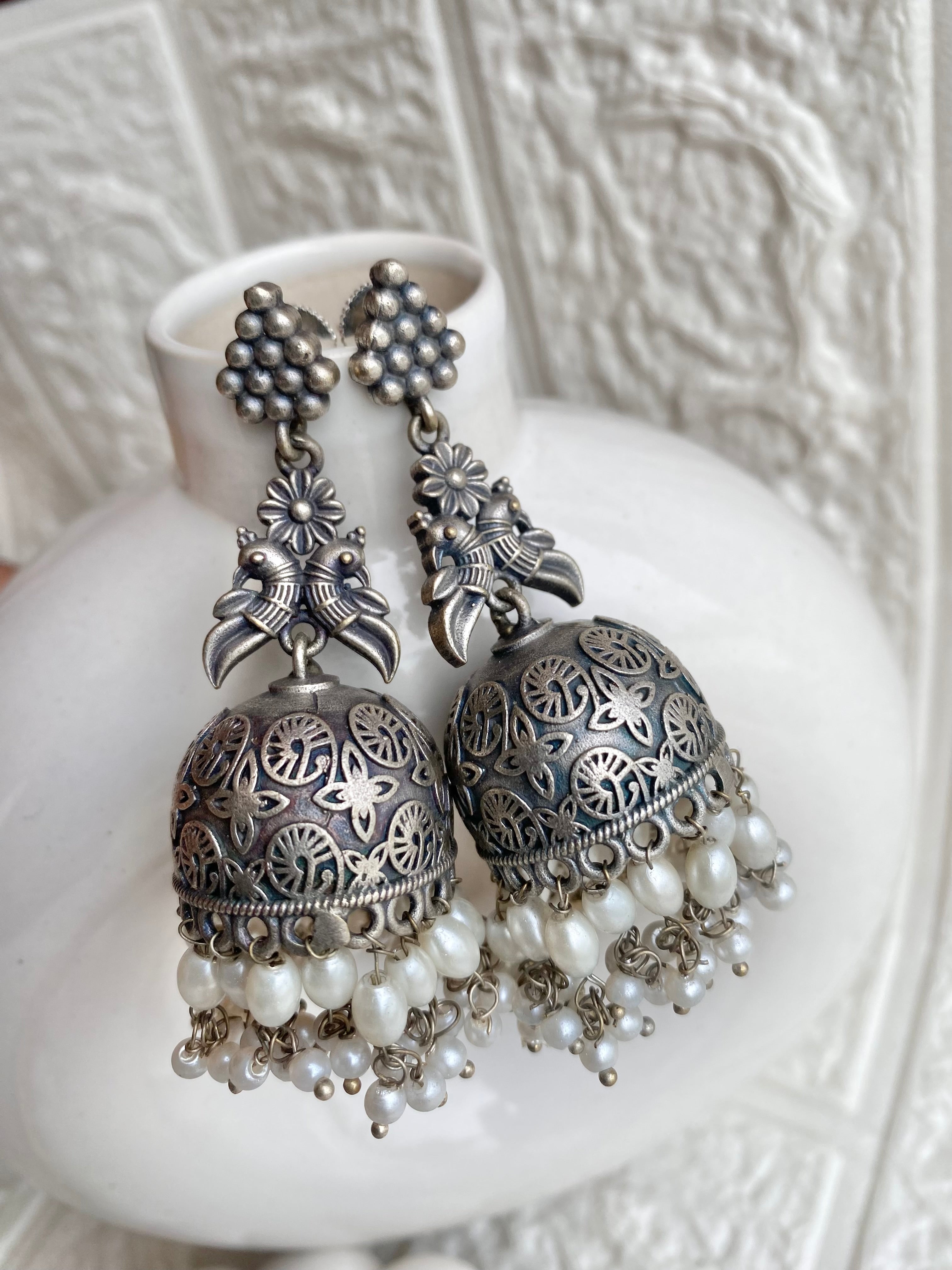 Kanchi Pearl Silver Jhumka