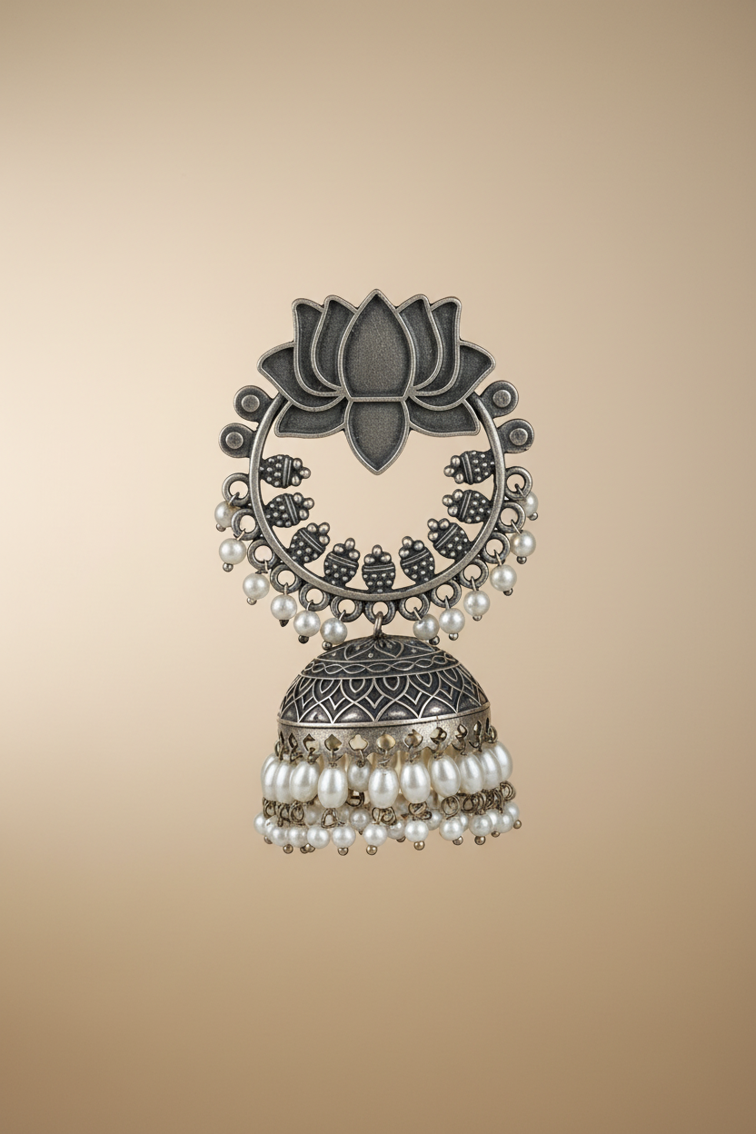 Lotus Long Silver Jhumka