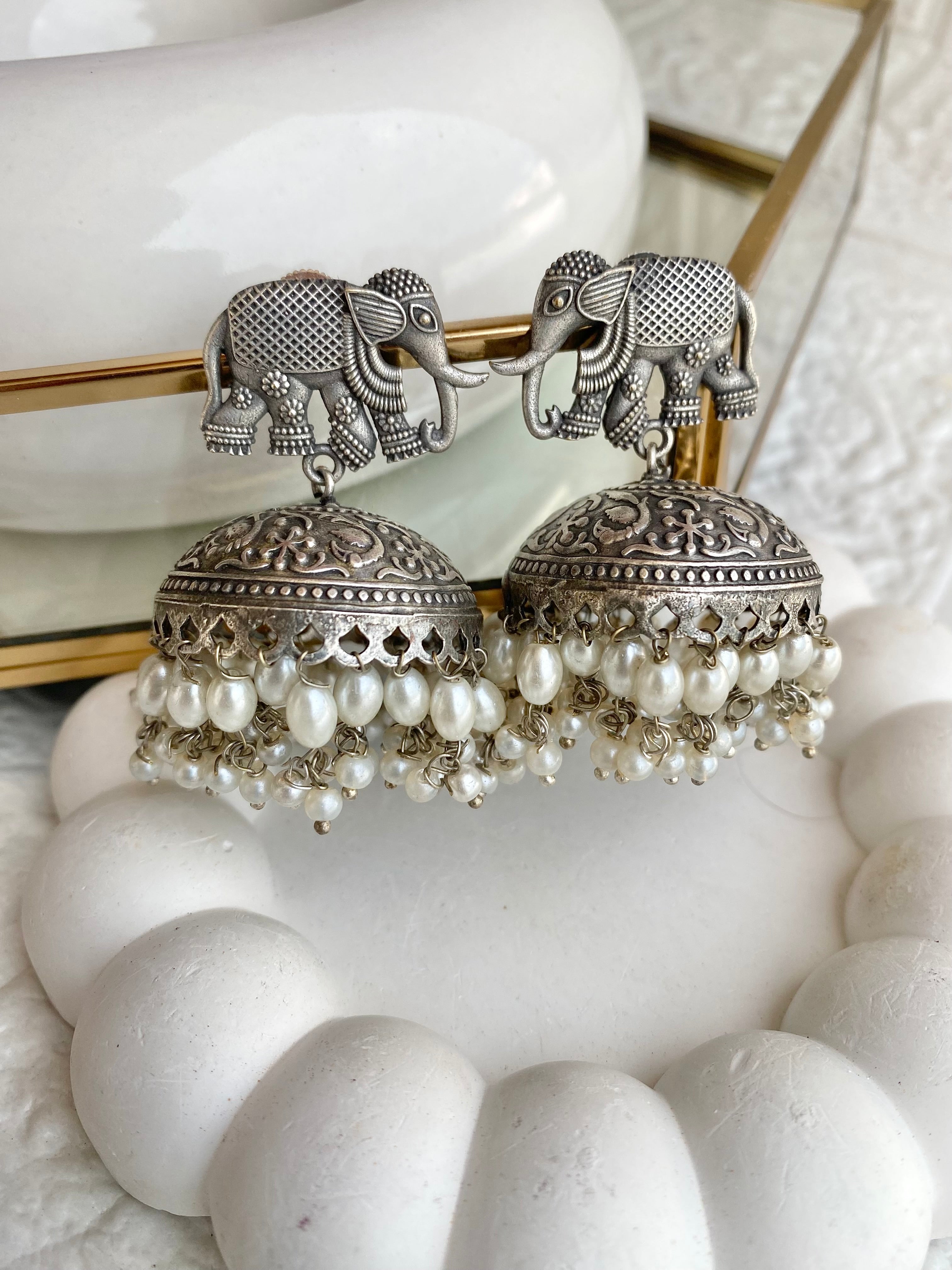 Elephant Motif Silver Jhumka