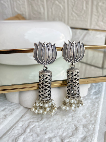 Lotus Pearl Silver Jhumka