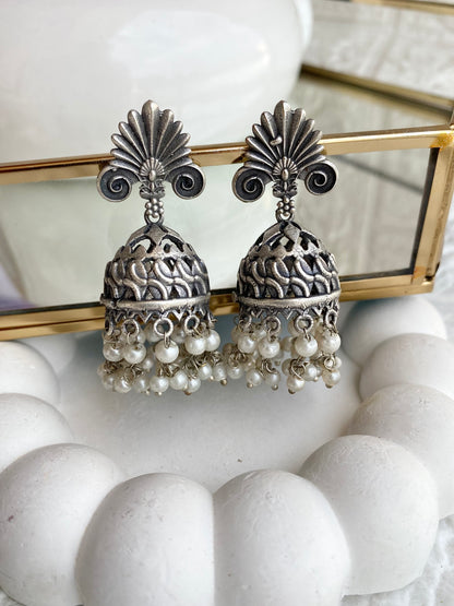Detailed Carving Silver Jhumka