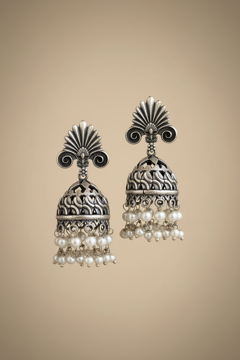 Detailed Carving Silver Jhumka