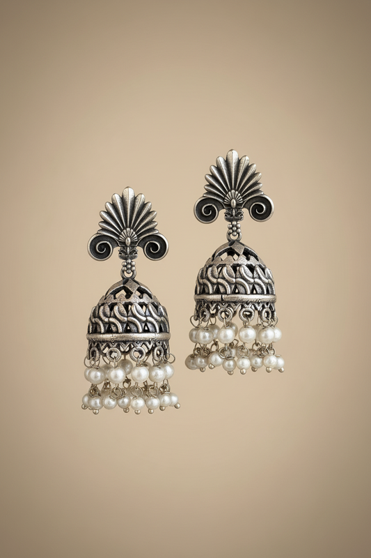 Detailed Carving Silver Jhumka