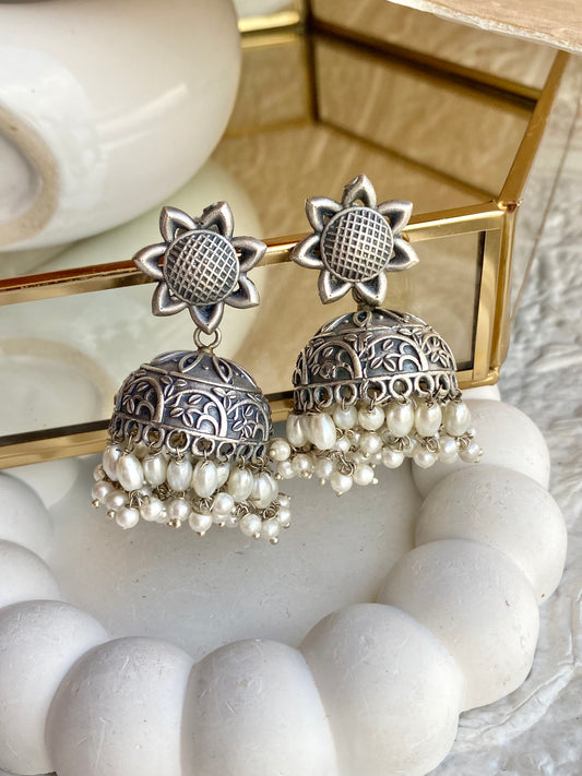Floral Pearl Silver Jhumka