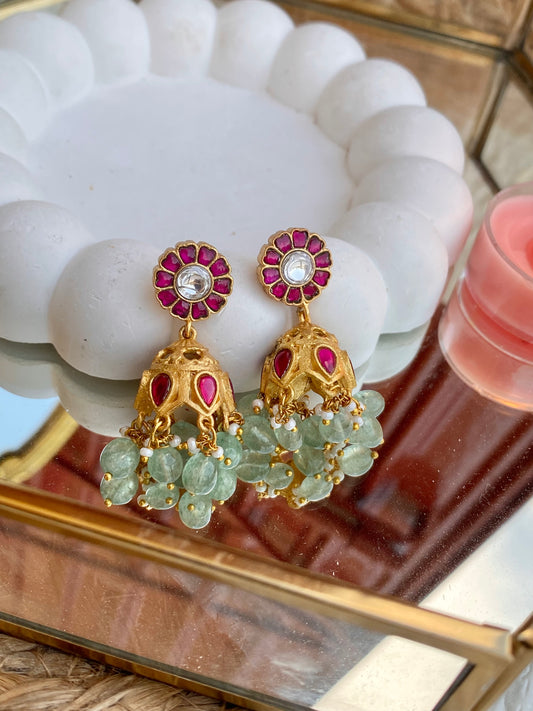 Kempu Jadau Jhumka Earrings with Mint Beads