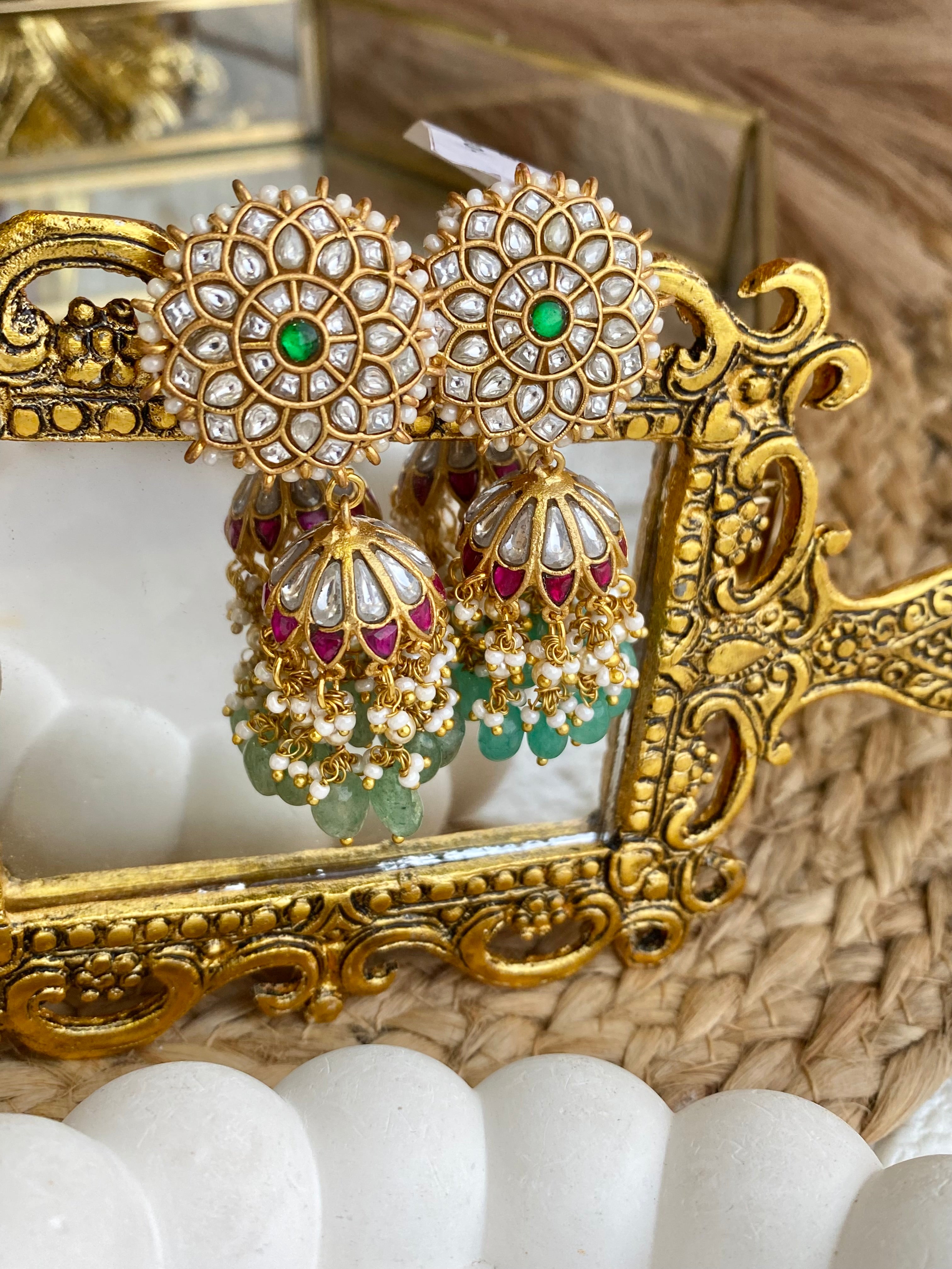 Statment Pure Kempu Jadau Jhumka Earrings with Mint Beads