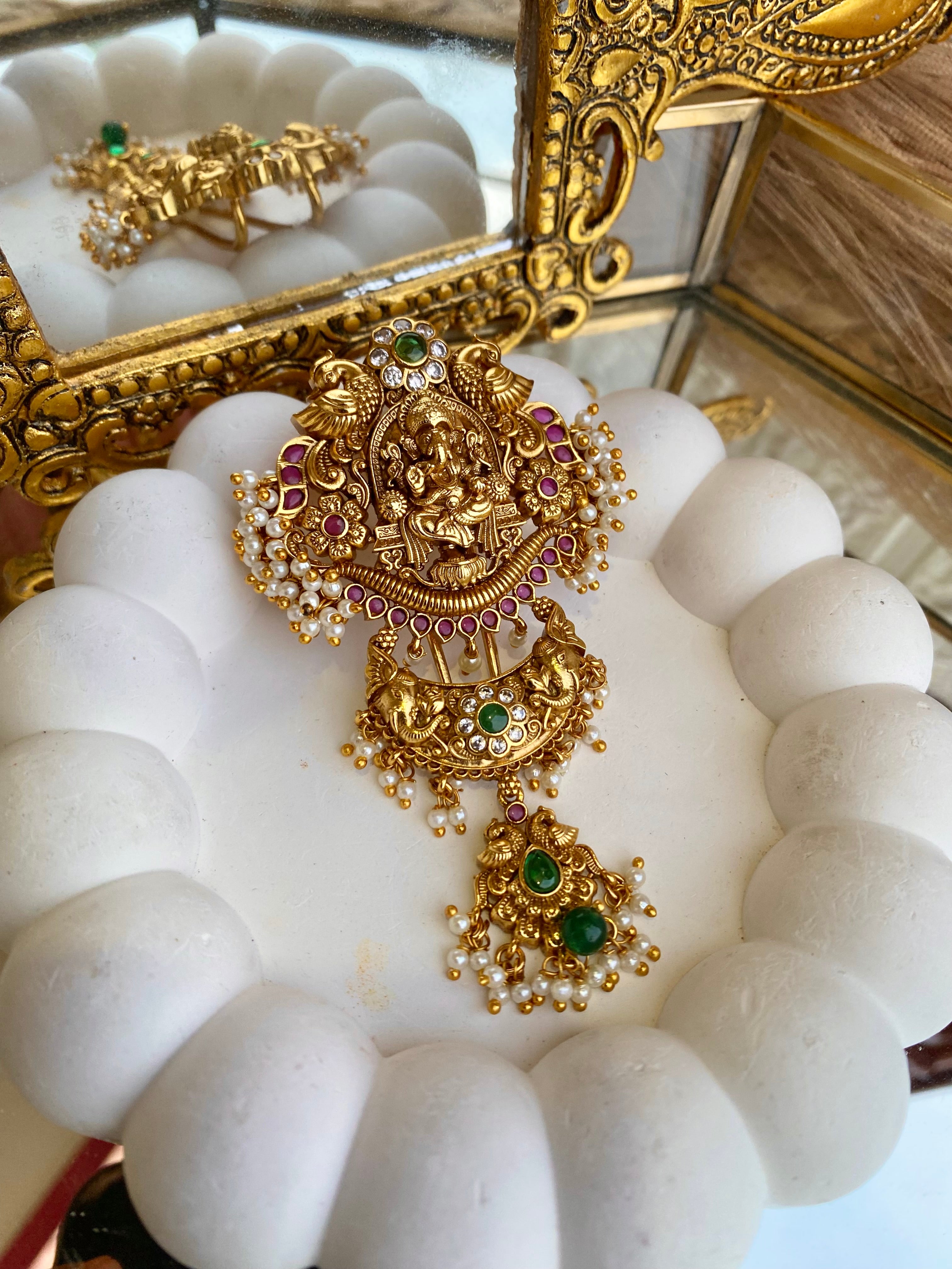 Gold Plated Red Kempo Studded Nagas Lakshmiji Antique Temple Bun Pin